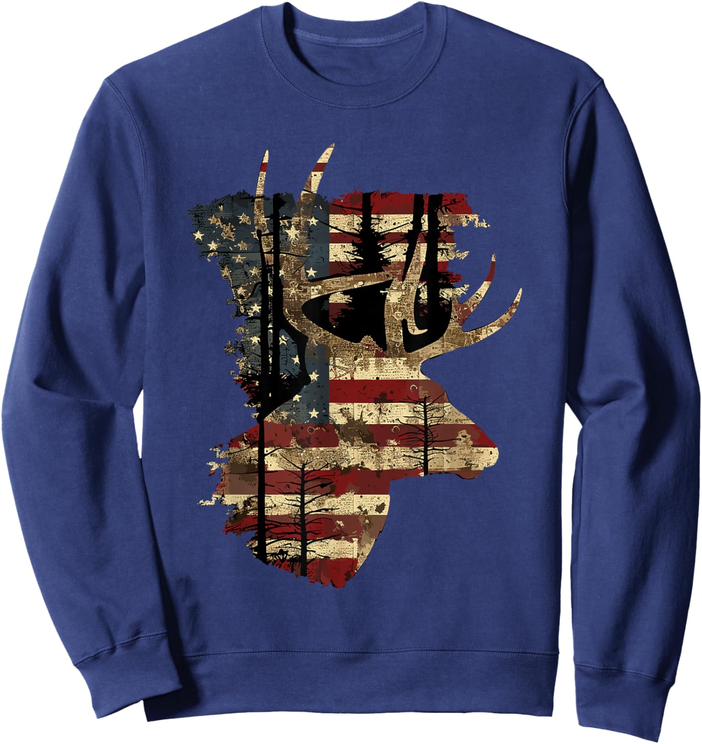 Whitetail Buck Deer Hunting 4th Of July USA American Flag Men Sweatshirt - Sweatshirt | Navy