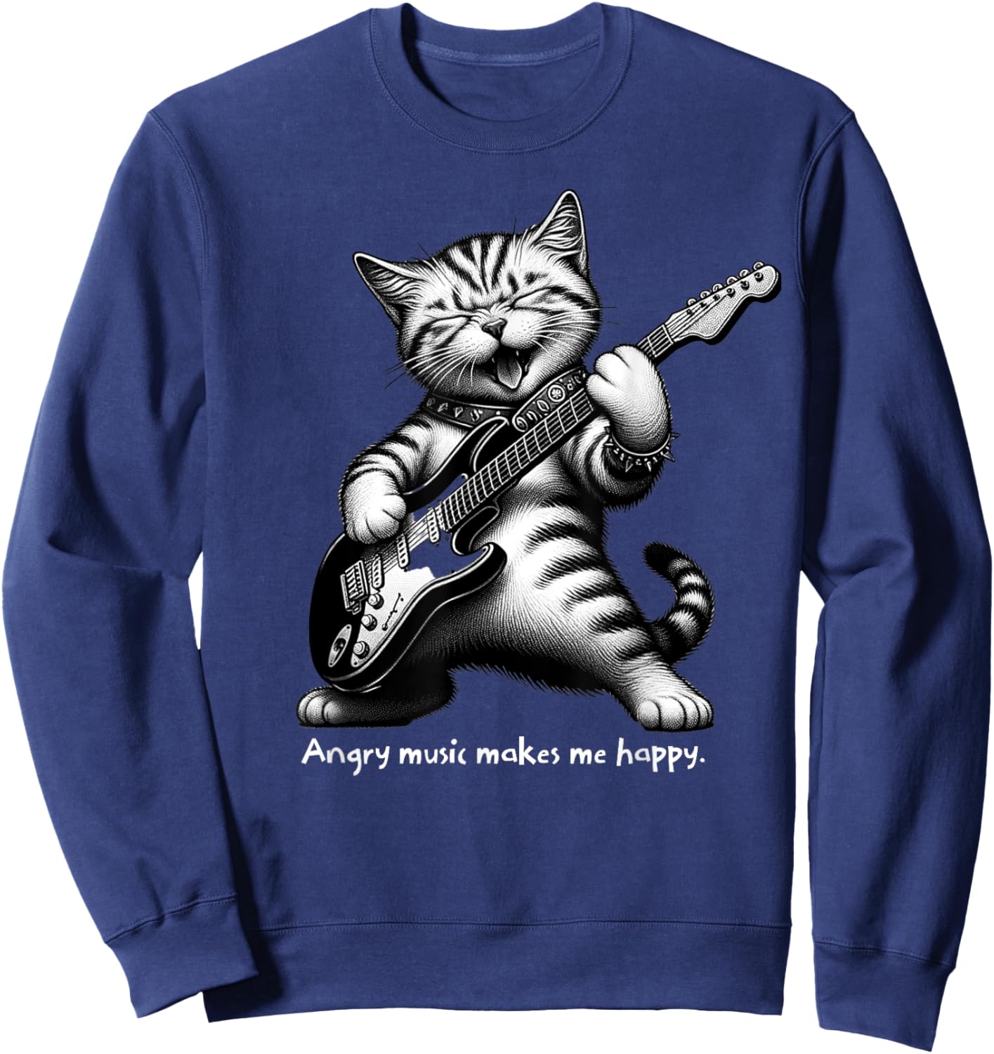 Cat Playing Electric Guitar Angry Music Makes Me Happy Women Girls Kids Sweatshirt - Sweatshirt | Navy