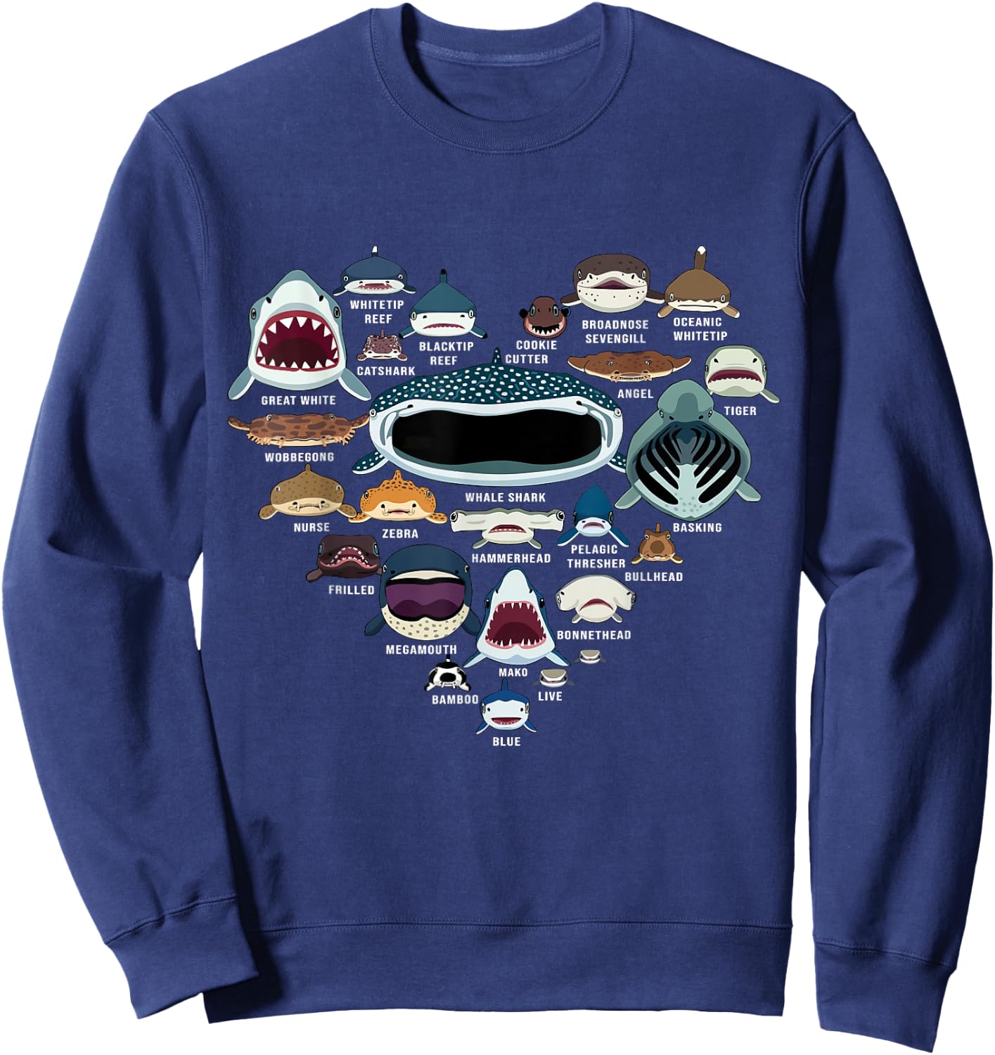 Types Of Sharks Marine Biology - All Shark Faces Heart Sweatshirt - Sweatshirt | Navy