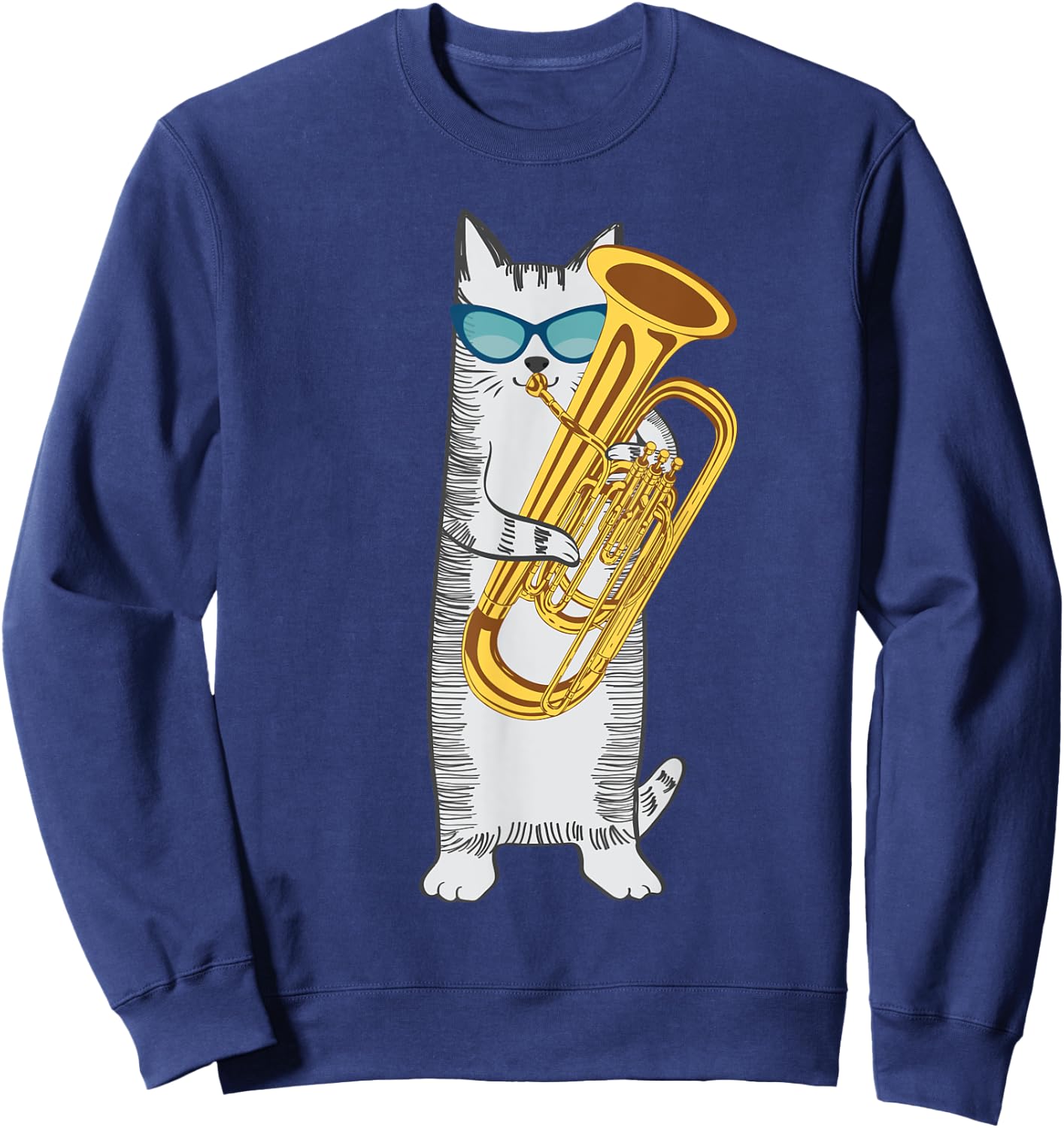 Tuba Cat Wearing Retro Sunglasses For Low Brass Players Men Women Kids Sweatshirt - Sweatshirt | Navy