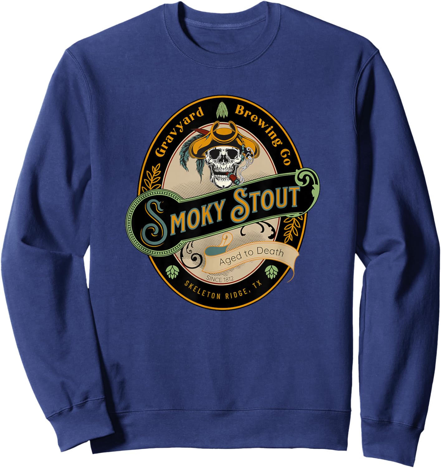 Graveyard Brewery Craft Beer Label, Skeleton with Cigar Sweatshirt - Sweatshirt | Navy