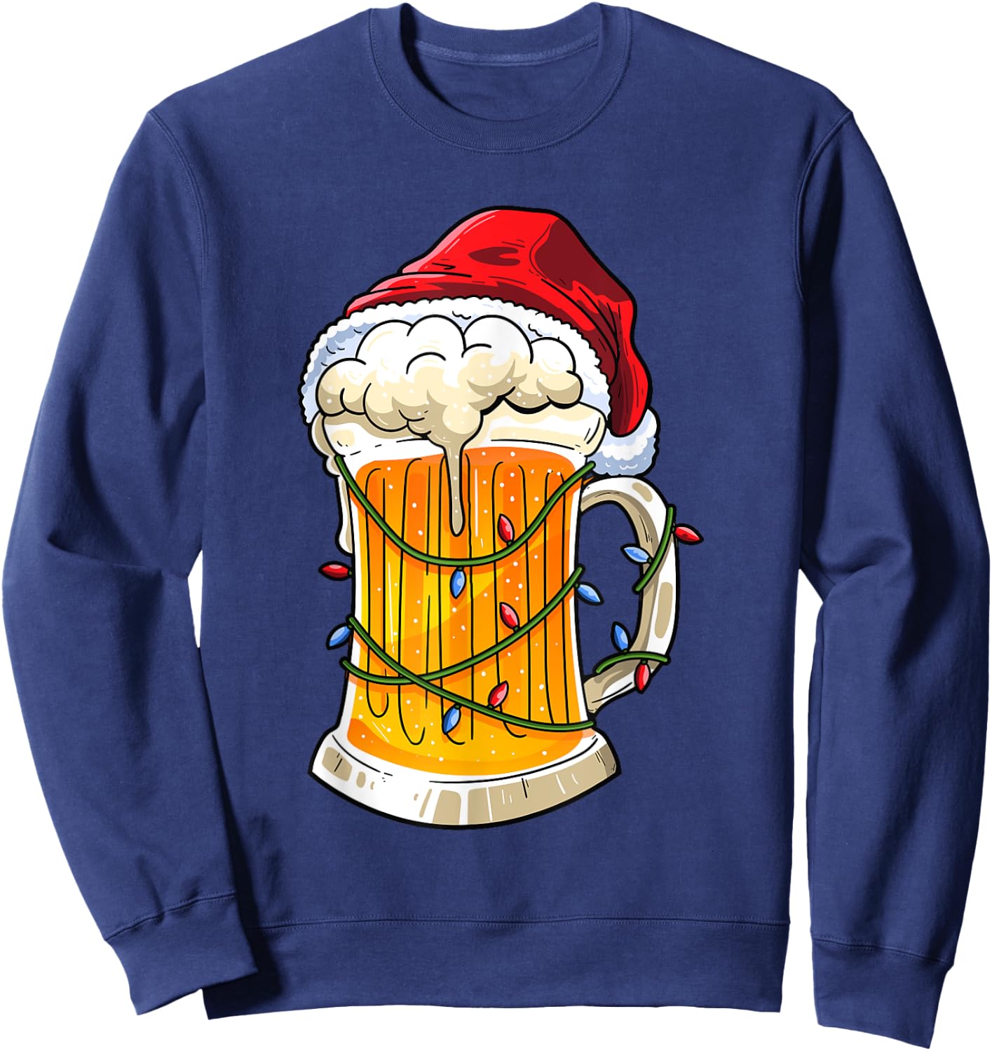 Beer Christmas Mug Santa Hat Xmas Lights Men Women Gifts Sweatshirt - Sweatshirt | Navy