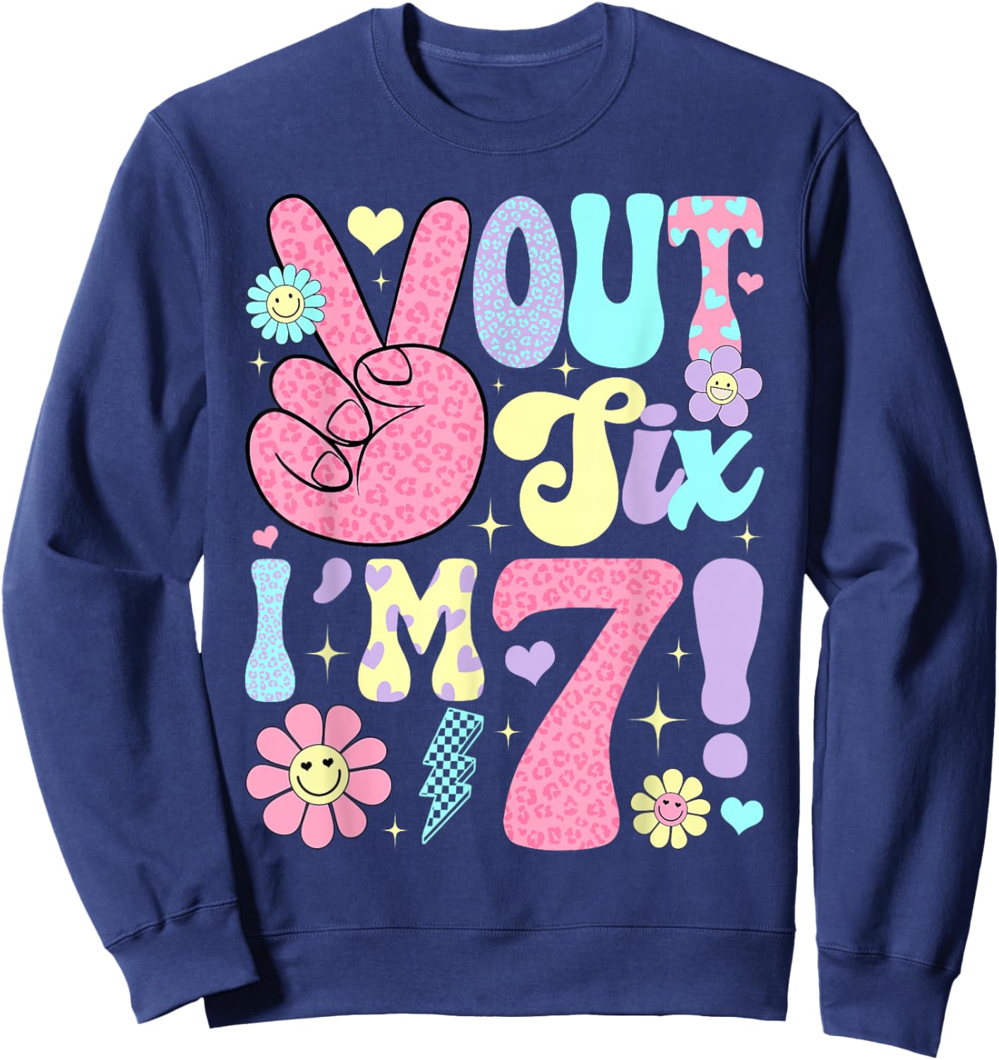 Groovy Peace Out Six I'm 7 Years Old 7th Birthday Girls Kids Sweatshirt - Sweatshirt | Navy
