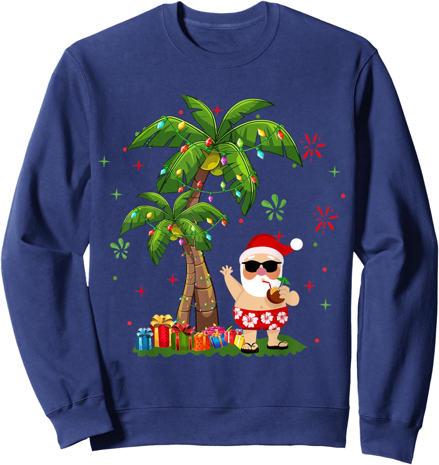 Santa Hawaiian Christmas Palm Tree Lights Xmas Sweatshirt - Sweatshirt | Navy