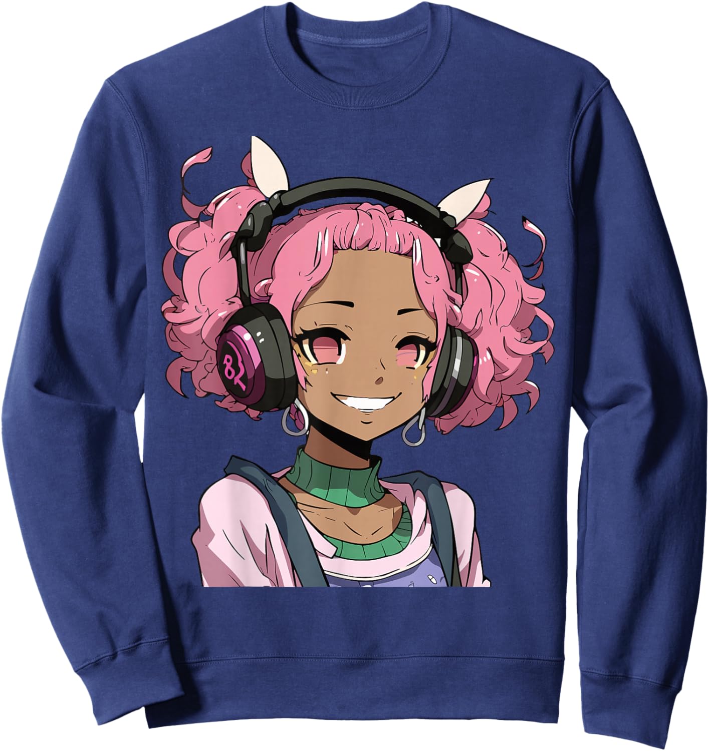 Anime and Music Black Girl Anime Merch Afro African American Sweatshirt - Sweatshirt | Navy