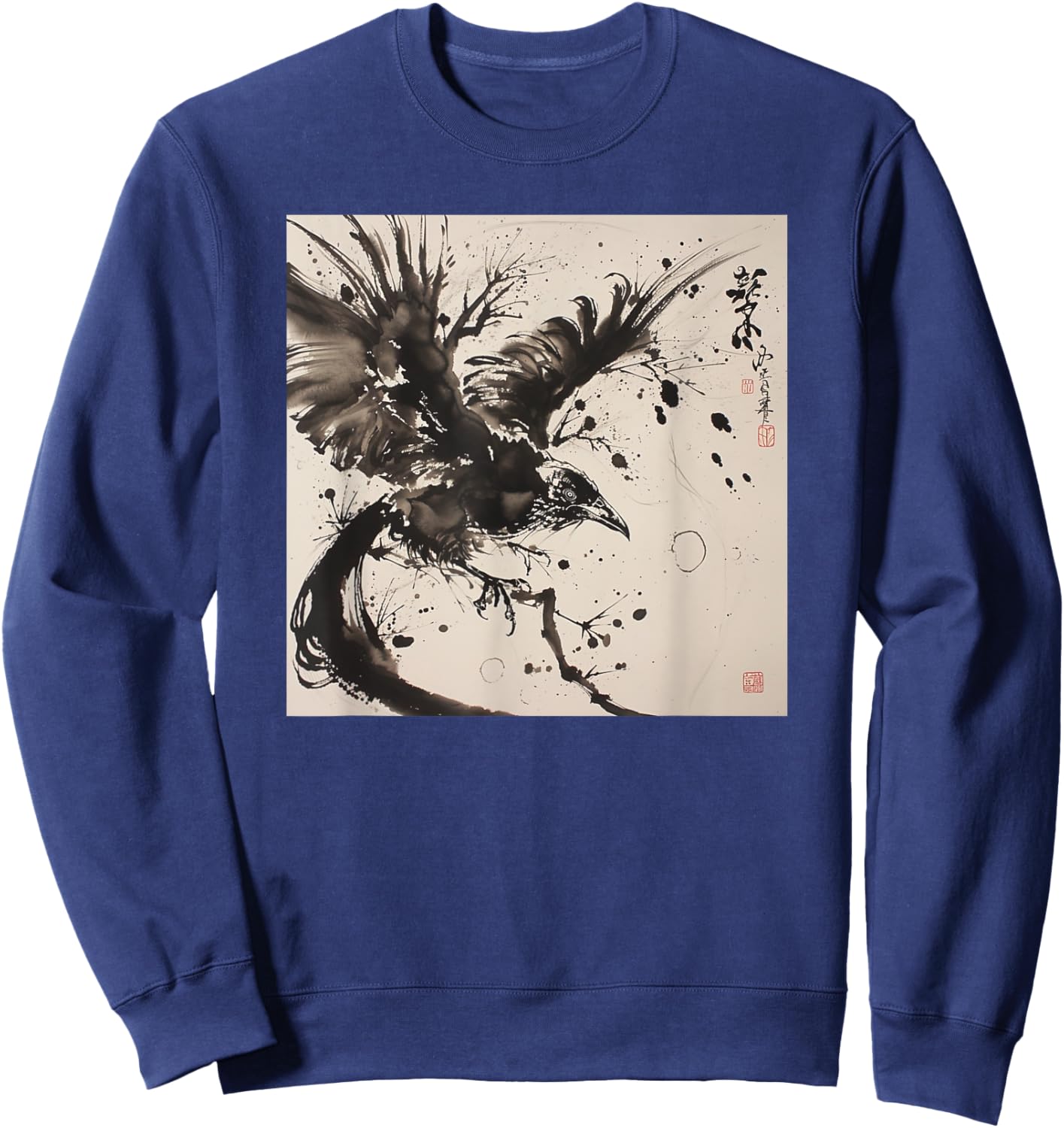 Japanese Ink Art Crow- Raven Ink Art Graphic Sweatshirt - Sweatshirt | Navy