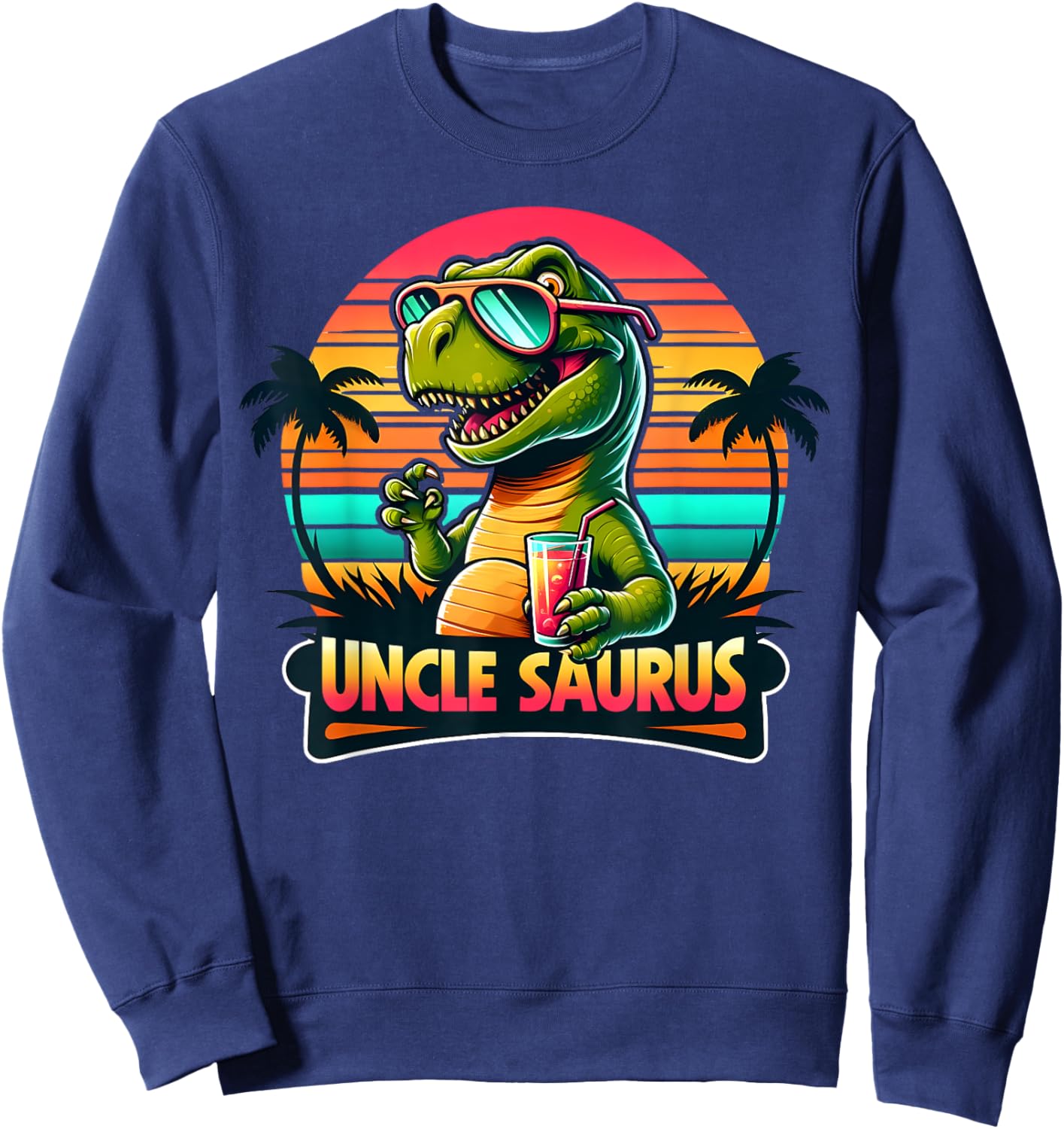 Uncle Saurus Rex Dinosaur Sunset Retro Style Family Matching Sweatshirt - Sweatshirt | Navy