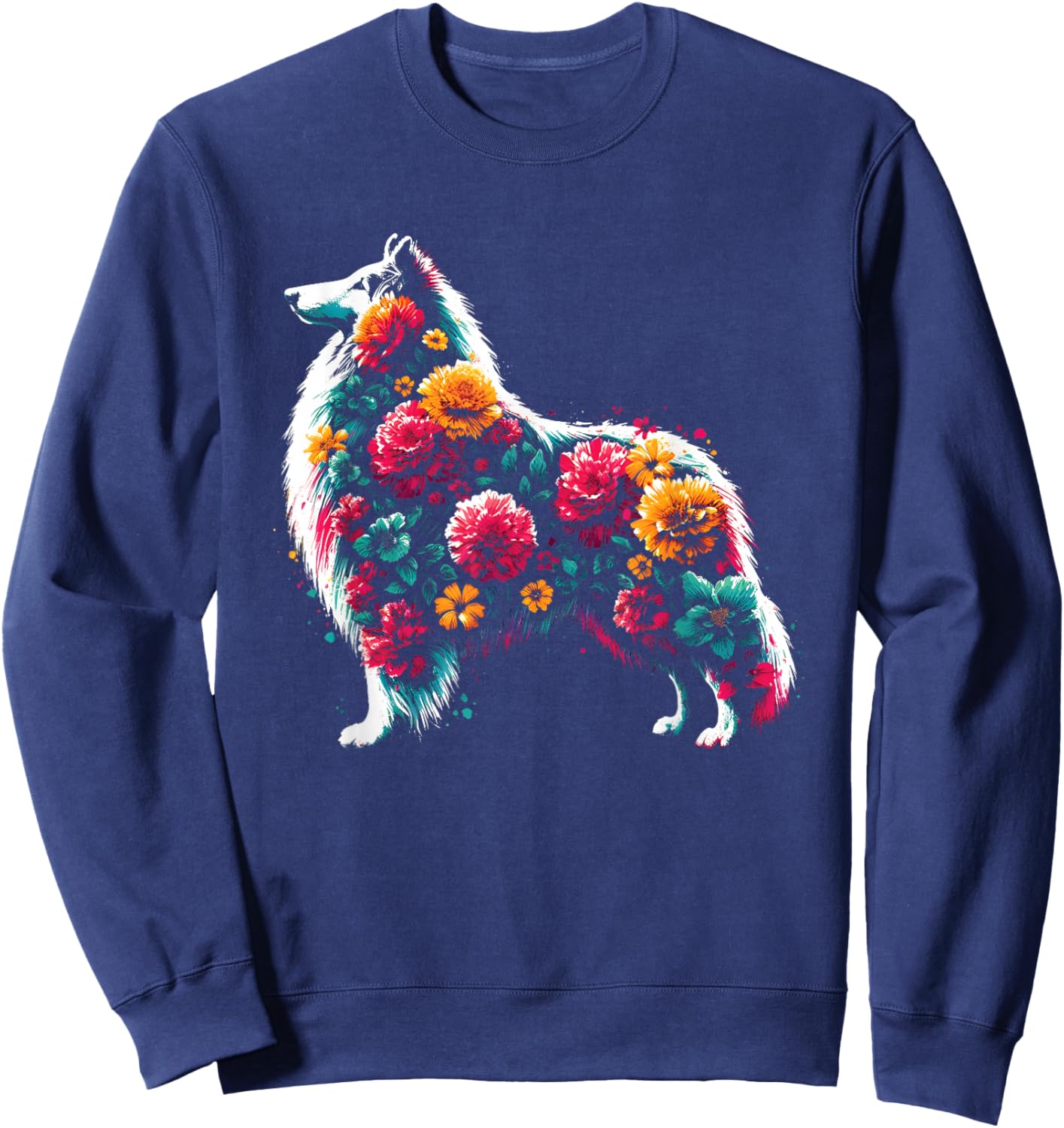 Floral Rough Collie - Vintage Flowers Collie Dog Lover Sweatshirt - Sweatshirt | Navy