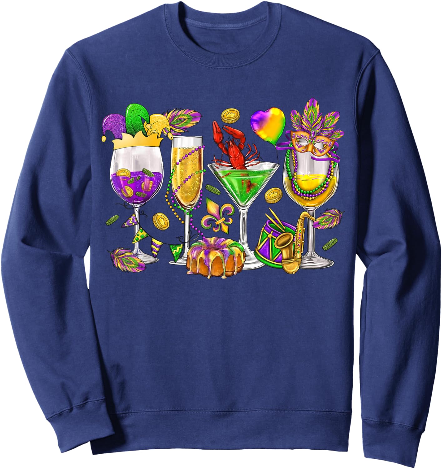 Mardi Gras Glass Of Wine Funny Drinking Wine Festival Parade Sweatshirt - Sweatshirt | Navy