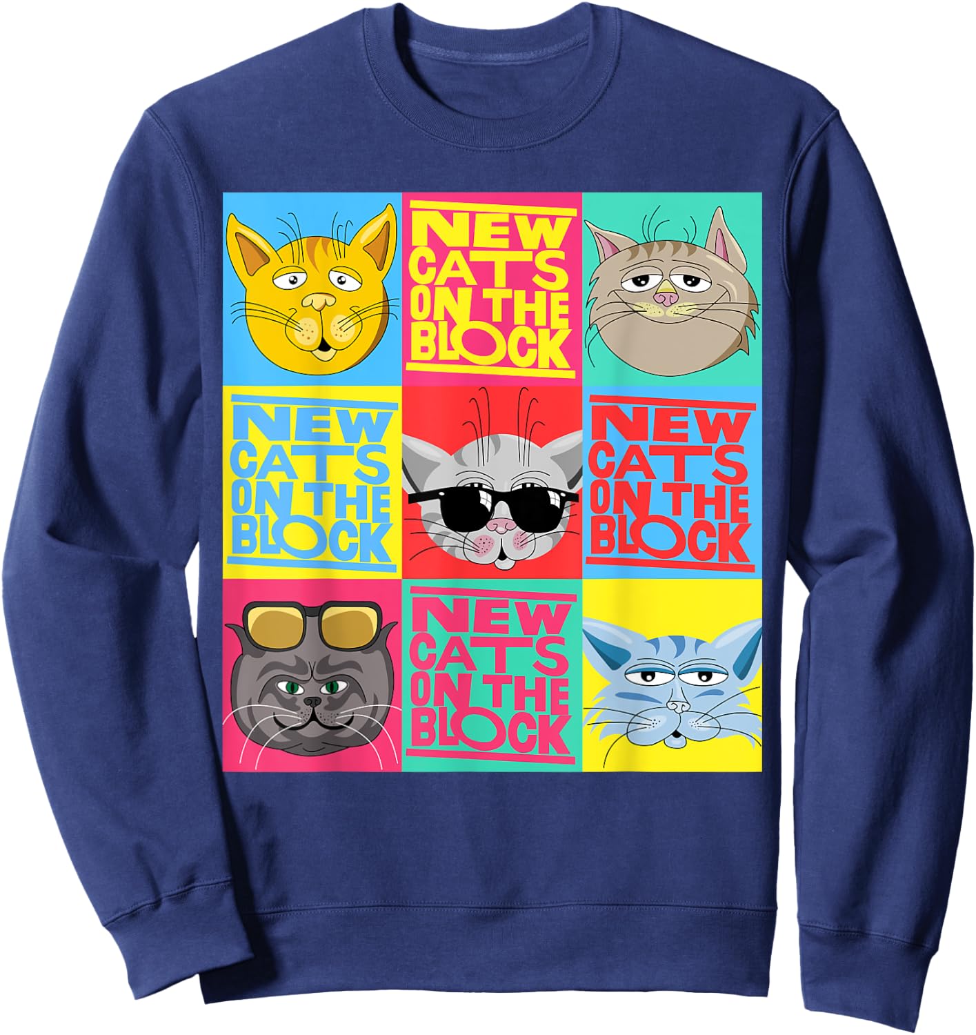YO MINUS Women's New Cats On The Block Funny Pop Culture Cat Themed Party - Black, Small Sweatshirt - Sweatshirt | Navy