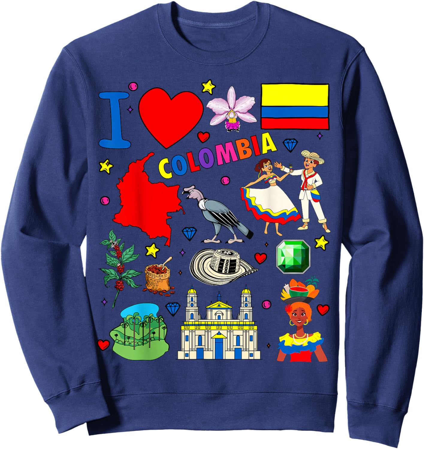 I Love Colombia Hand Drawn Colombian Landmarks, Flag and map Sweatshirt - Sweatshirt | Navy