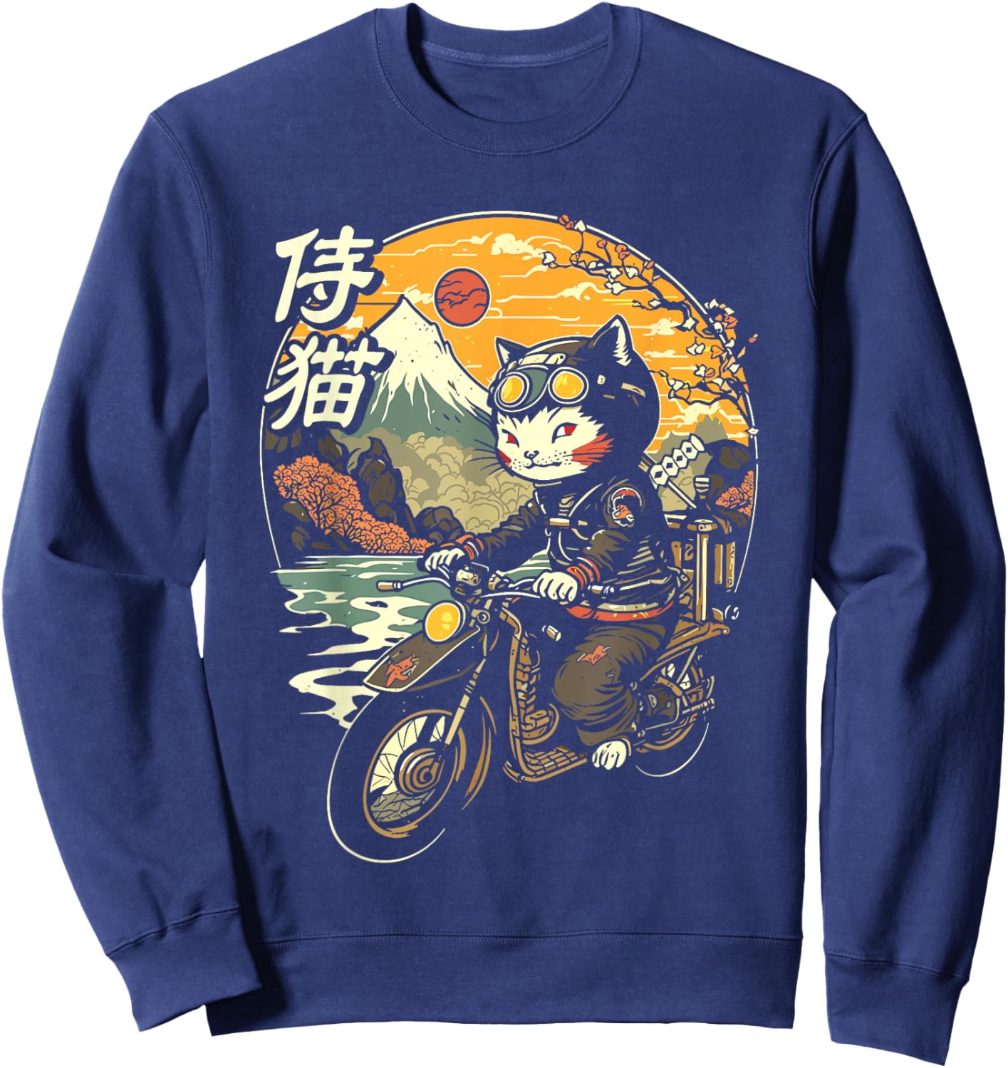 Japanese Samurai Cat on Motorcycle Kawaii Ninja Cat Men Women Kids Sweatshirt - Sweatshirt | Navy