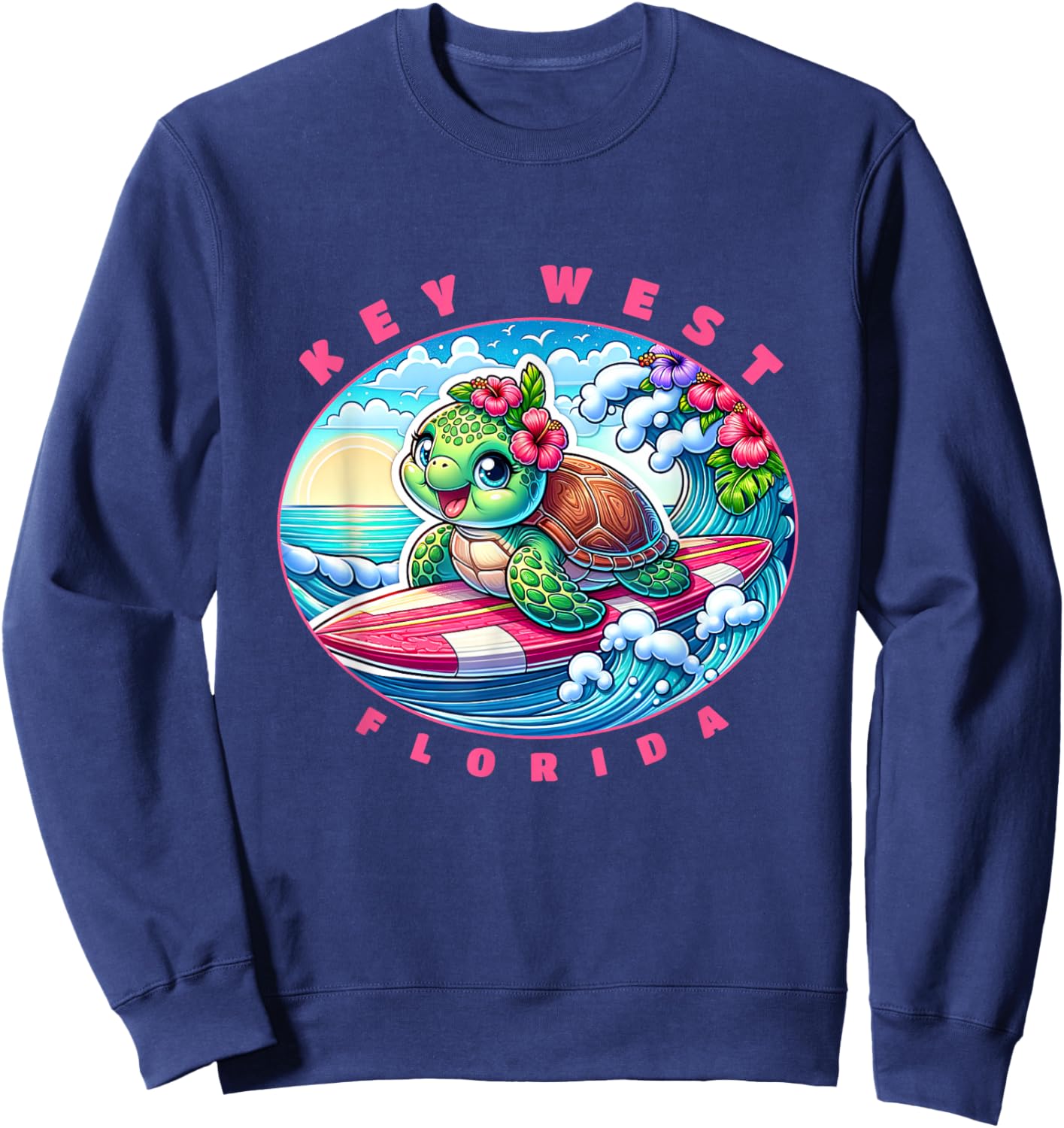 Key West Florida Cute Surfing Girl Sea Turtle Sweatshirt - Sweatshirt | Navy