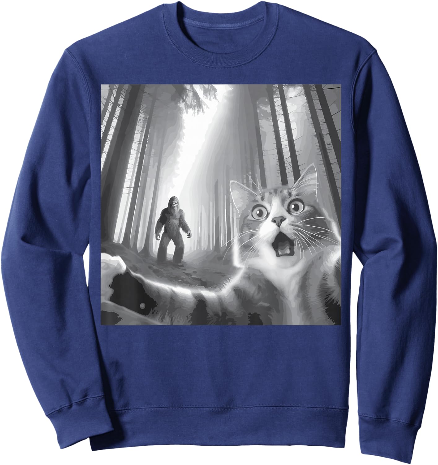 Funny Surprised Scared Cat Selfie With Sasquatsch Bigfoot Sweatshirt - Sweatshirt | Navy