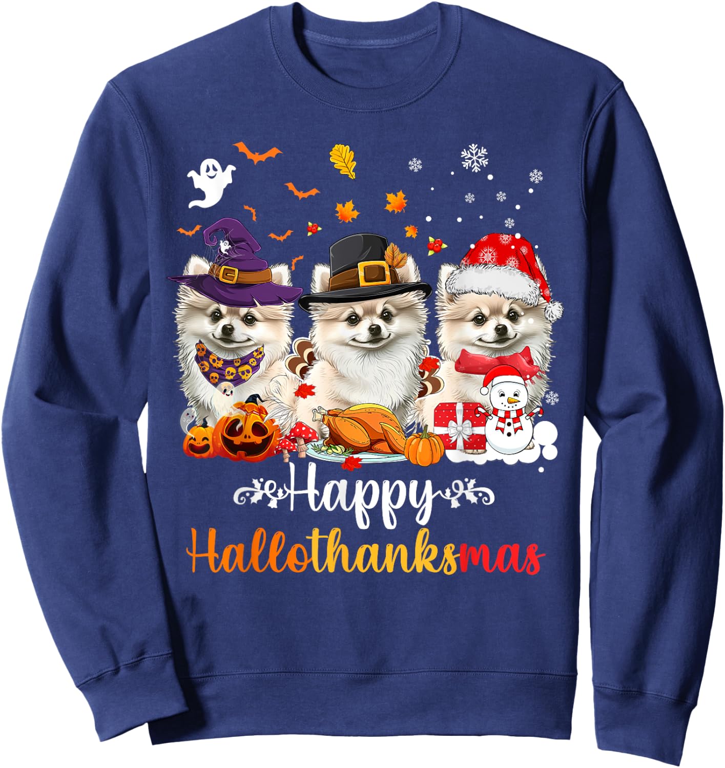 Happy Hallothanksmas Pomeranian Dog Halloween Christmas Men Women Kids Sweatshirt - Sweatshirt | Navy