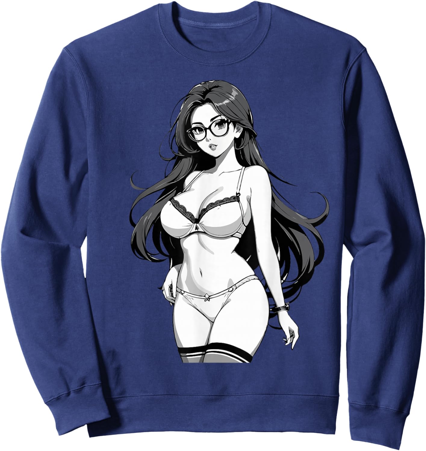 Sexy Waifu Otaku Anime Girl Japanese in Black and White Art Sweatshirt - Sweatshirt | Navy