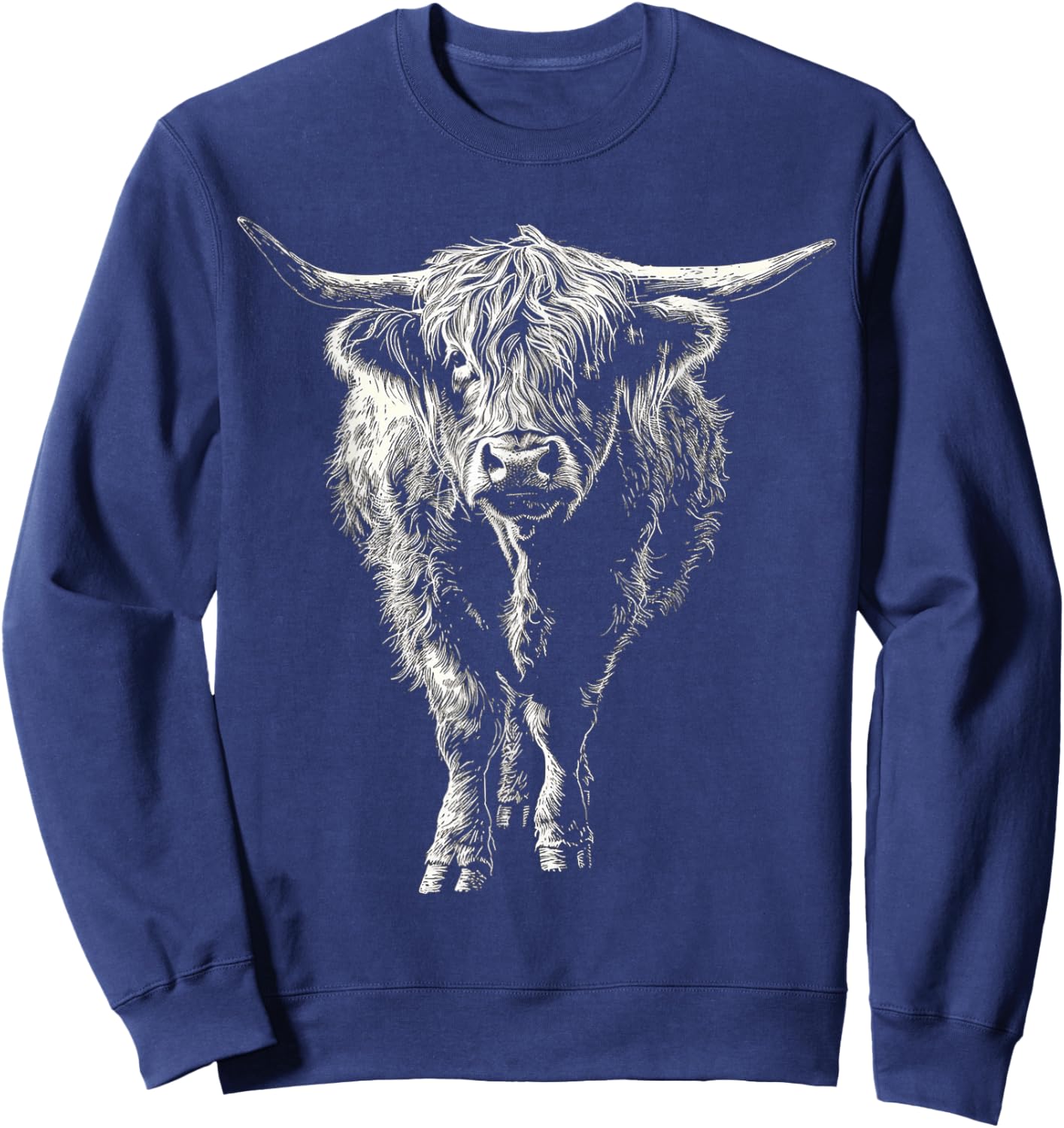 Highland Cow Drawing Art Farm Animal Graphic Highland Cow Sweatshirt - Sweatshirt | Navy