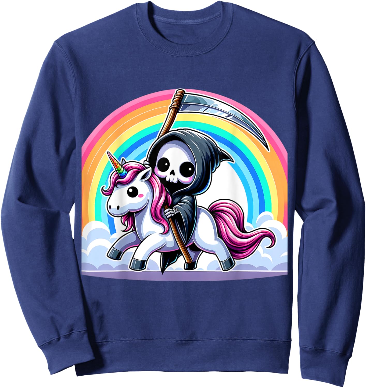 Grim Reaper Riding Unicorn Funny Rainbow Heavy Metal Sweatshirt - Sweatshirt | Navy