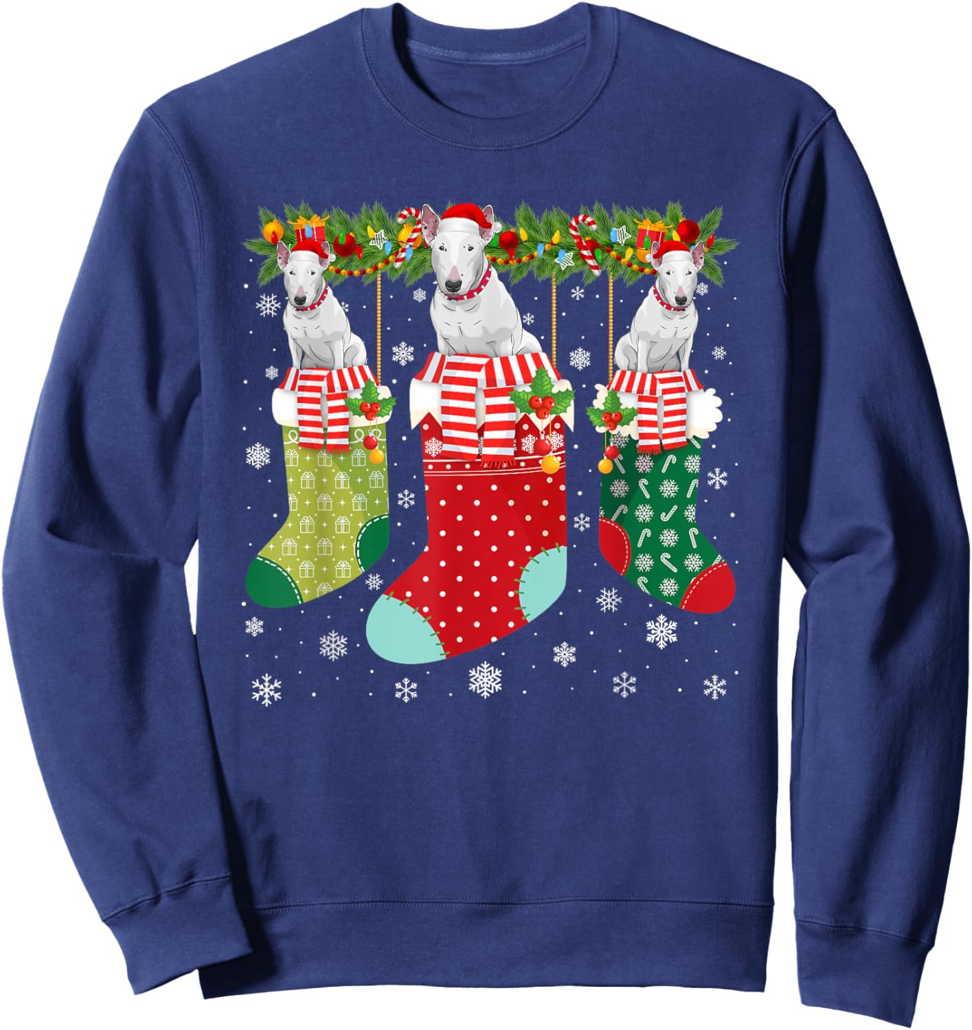 Three Bull Terrier Dog in Socks Ugly Christmas Sweater Party Men Women Kids Sweatshirt - Sweatshirt | Navy