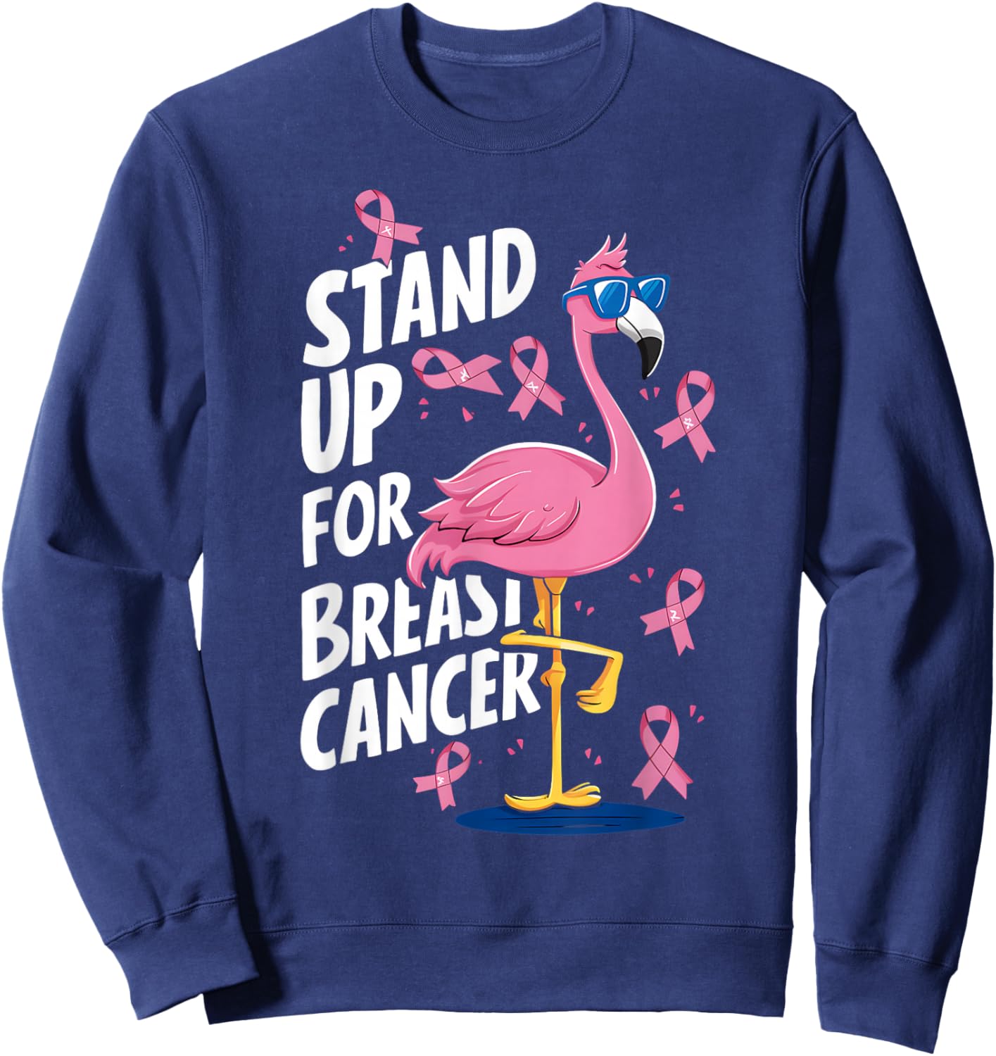 Pink Ribbon Awareness Stand Up to Breast Cancer Flamingo Sweatshirt - Sweatshirt | Navy