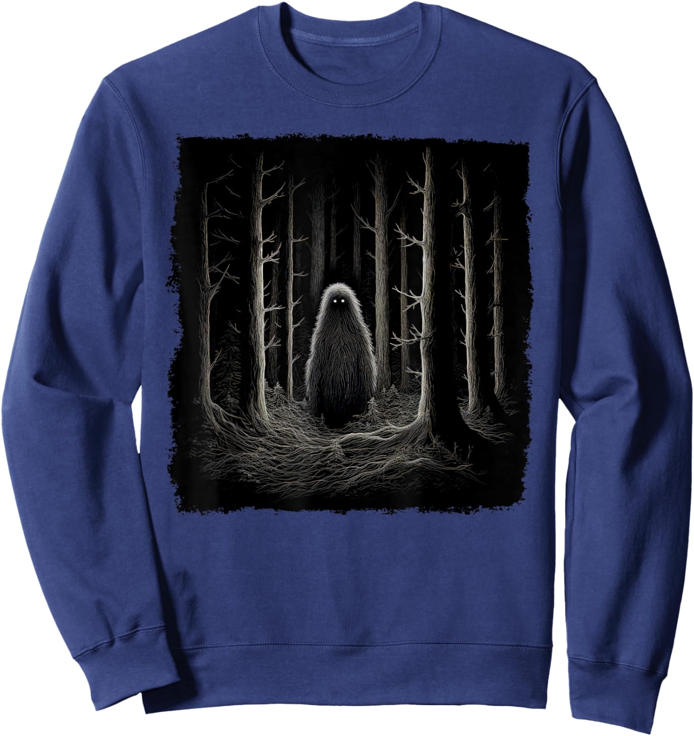Sasquatch in the Forest with Glowing Eyes – Funny Bigfoot Sweatshirt - Sweatshirt | Navy