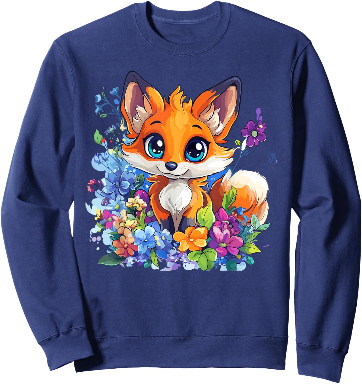 Cute Fox Surrounded by Flowers , Black, S Sweatshirt - Sweatshirt | Navy