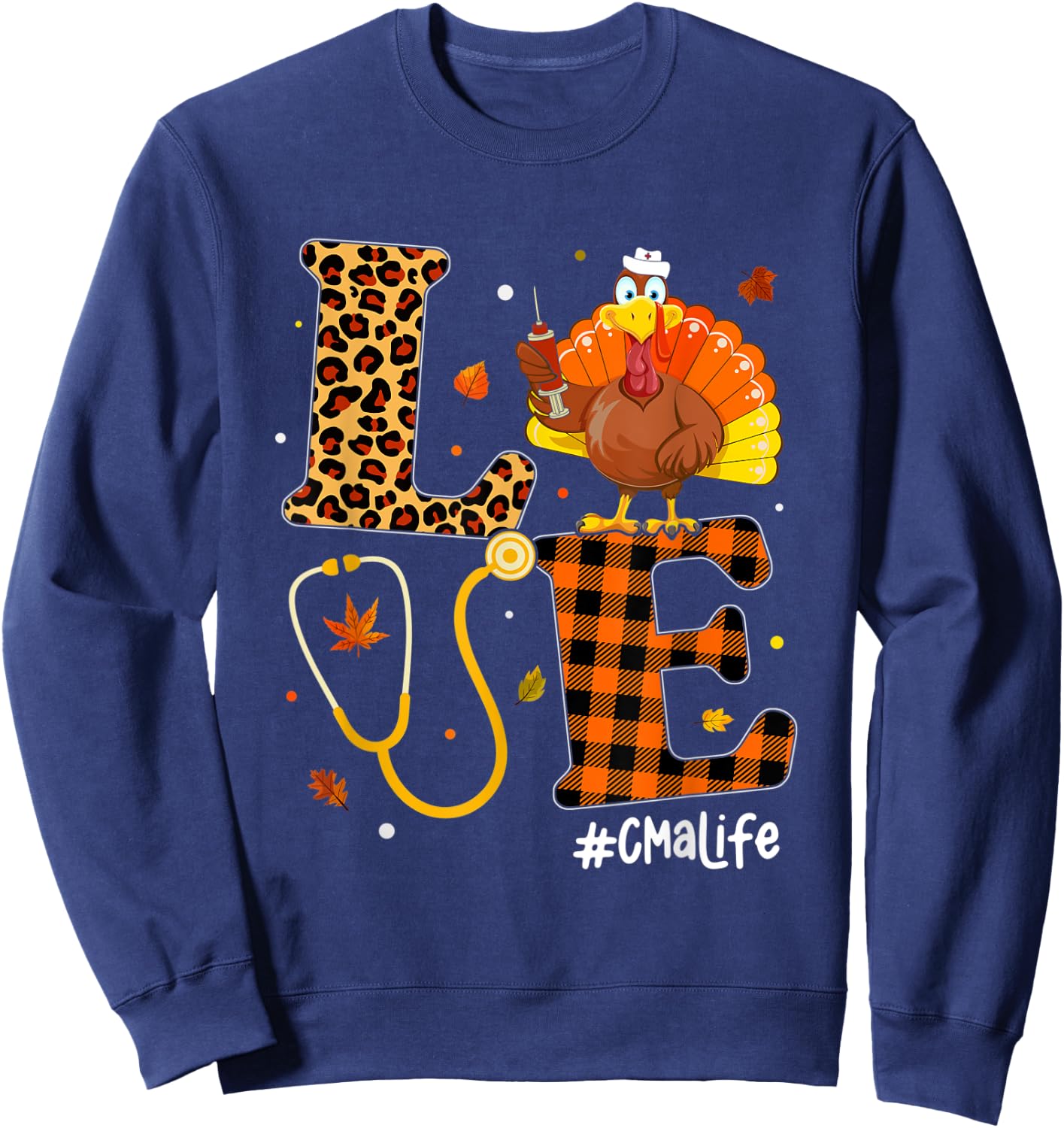 Love Nurse Life Fall CMA Nurse Leopard Plaid Thanksgiving Sweatshirt - Sweatshirt | Navy
