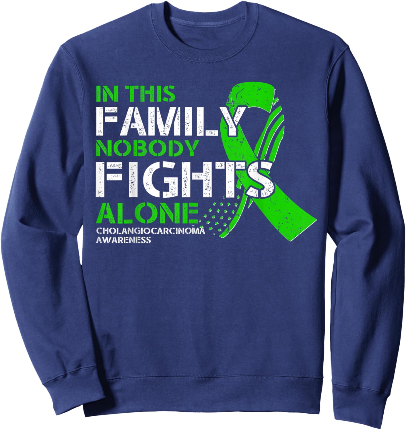 Cholangiocarcinoma Awareness - American Flag Green Ribbon Sweatshirt - Sweatshirt | Navy