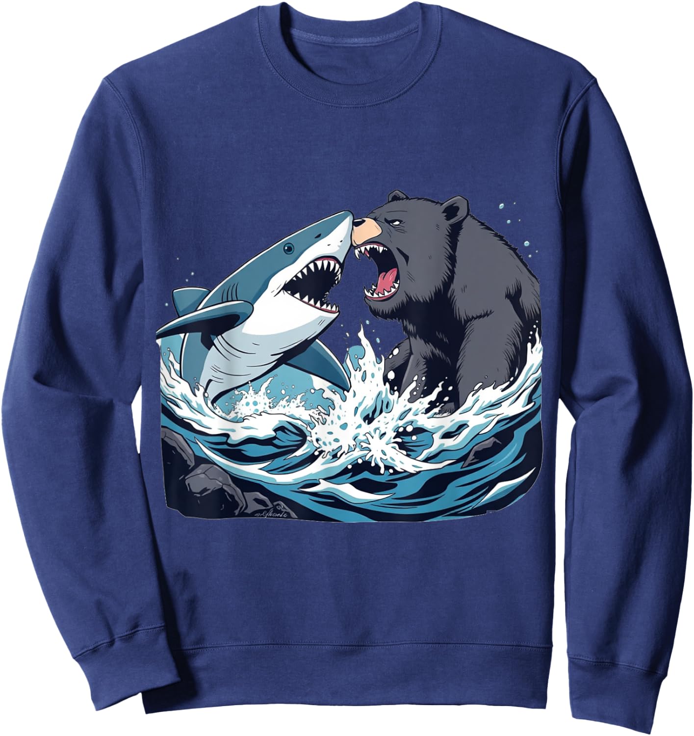 Shark vs Bear - Funny Comic Art Style Graphic Sweatshirt - Sweatshirt | Navy