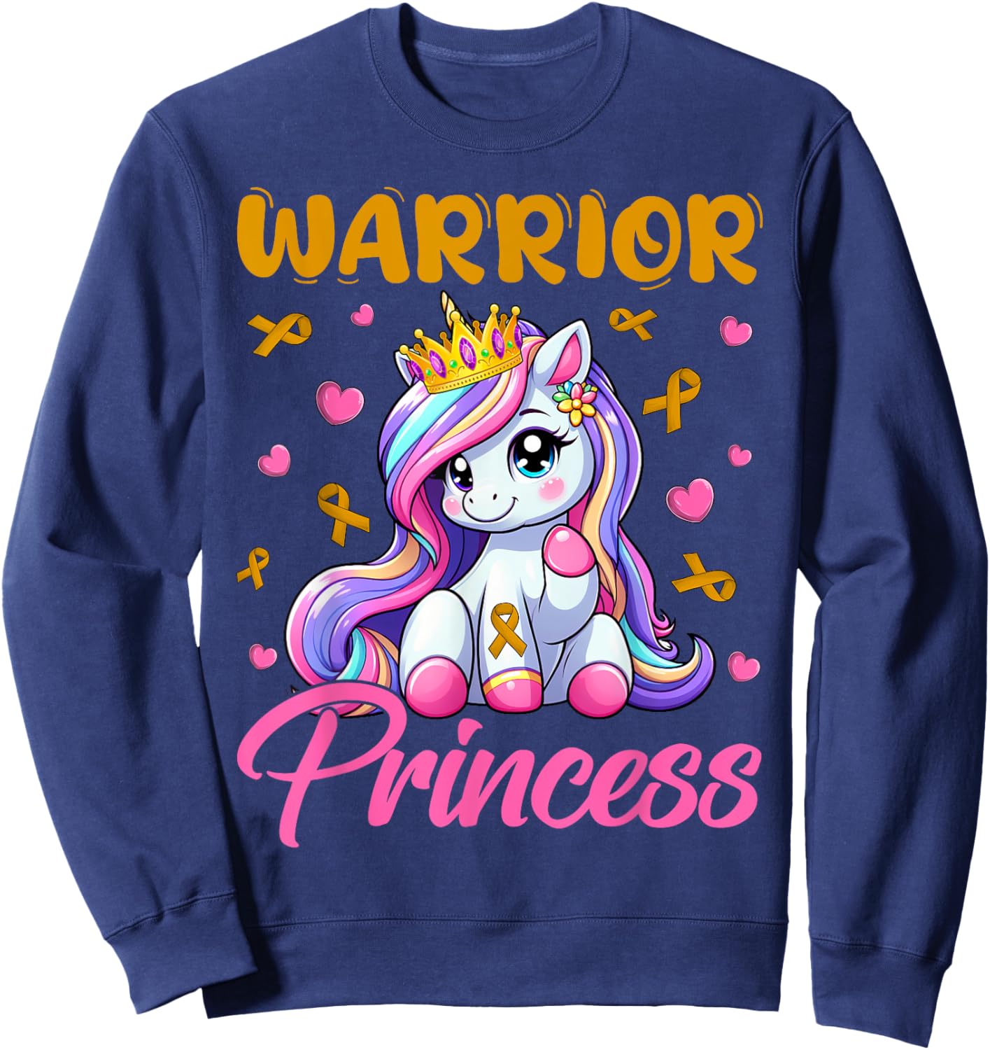 Childhood Cancer Awareness Warrior Princess Unicorn Girls Sweatshirt - Sweatshirt | Navy