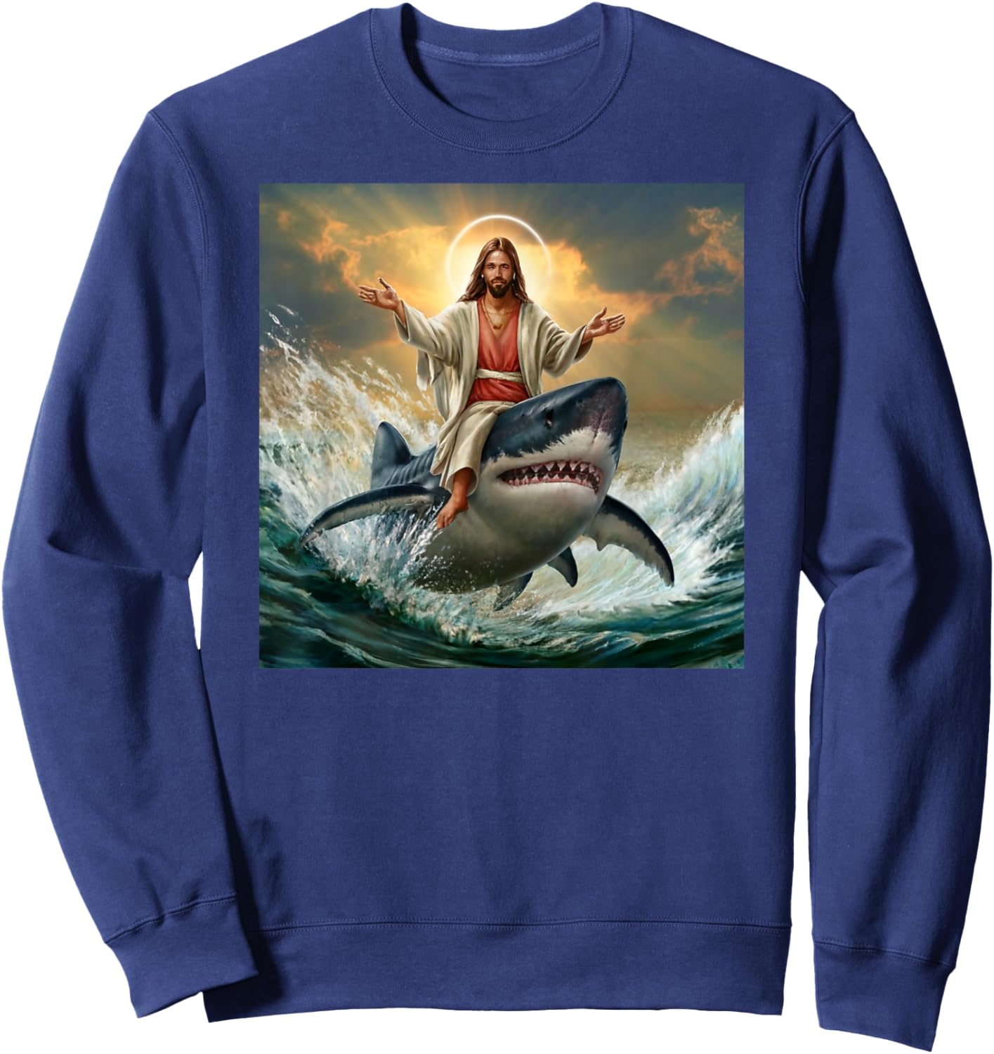 Christian Jesus Riding Shark Funny Shark Jesus Lover Sweatshirt - Sweatshirt | Navy