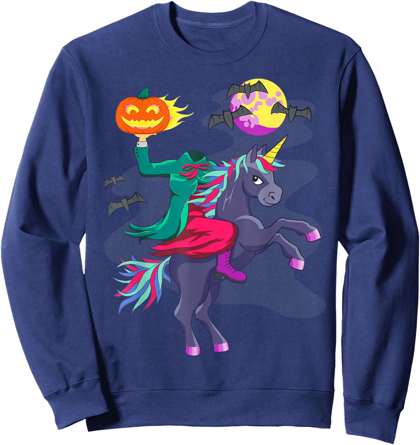 Unicorn Halloween Headless Horseman Pumpkin Head Graphic Sweatshirt - Sweatshirt | Navy