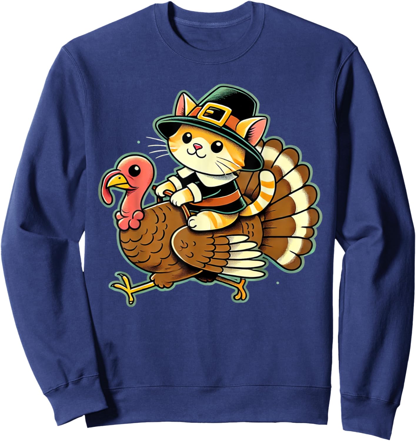 Cute Cat Pilgrim Costume And Turkey Funny Thanksgiving Retro Women Girls Kids Sweatshirt - Sweatshirt | Navy