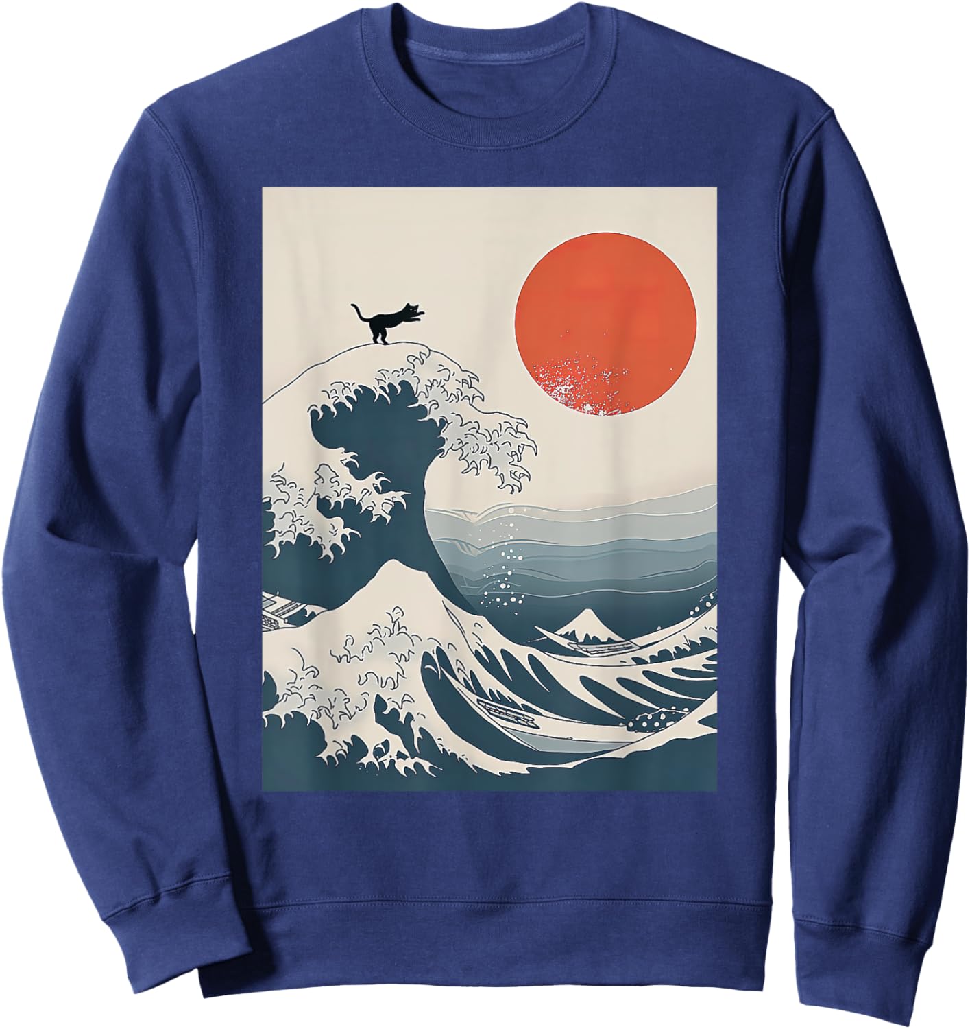 The Great Wave Of Kanagawa Cat Funny Kitten Japanese Cat Art Sweatshirt - Sweatshirt | Navy