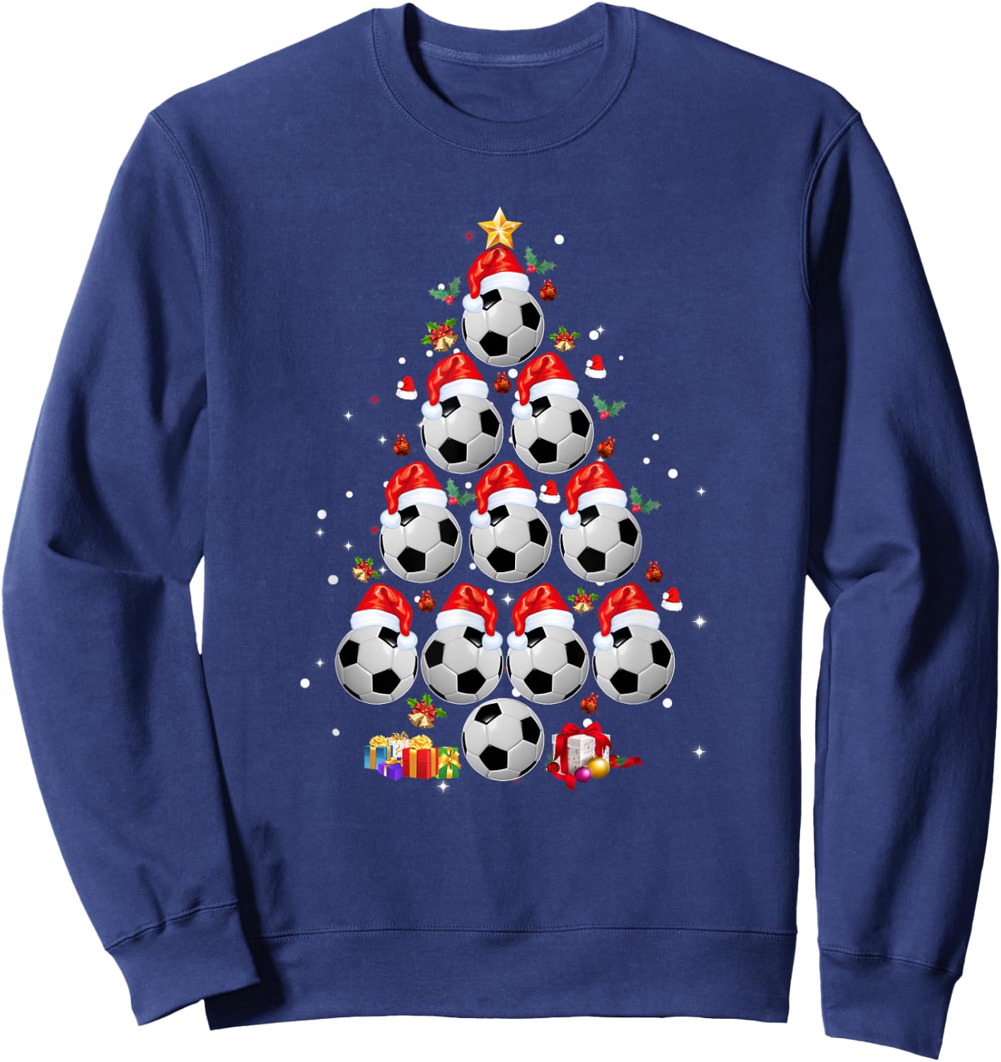 Soccer Balls Christmas Tree Shirt Lights Xmas Sweatshirt - Sweatshirt | Navy