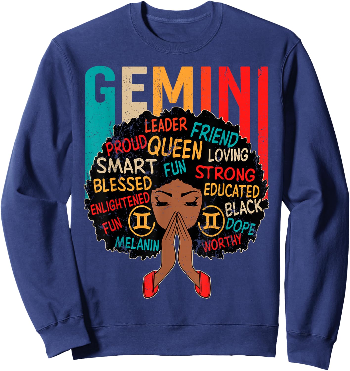 Gemini Queen Retro Afro Black Women Zodiac Sign Sweatshirt - Sweatshirt | Navy