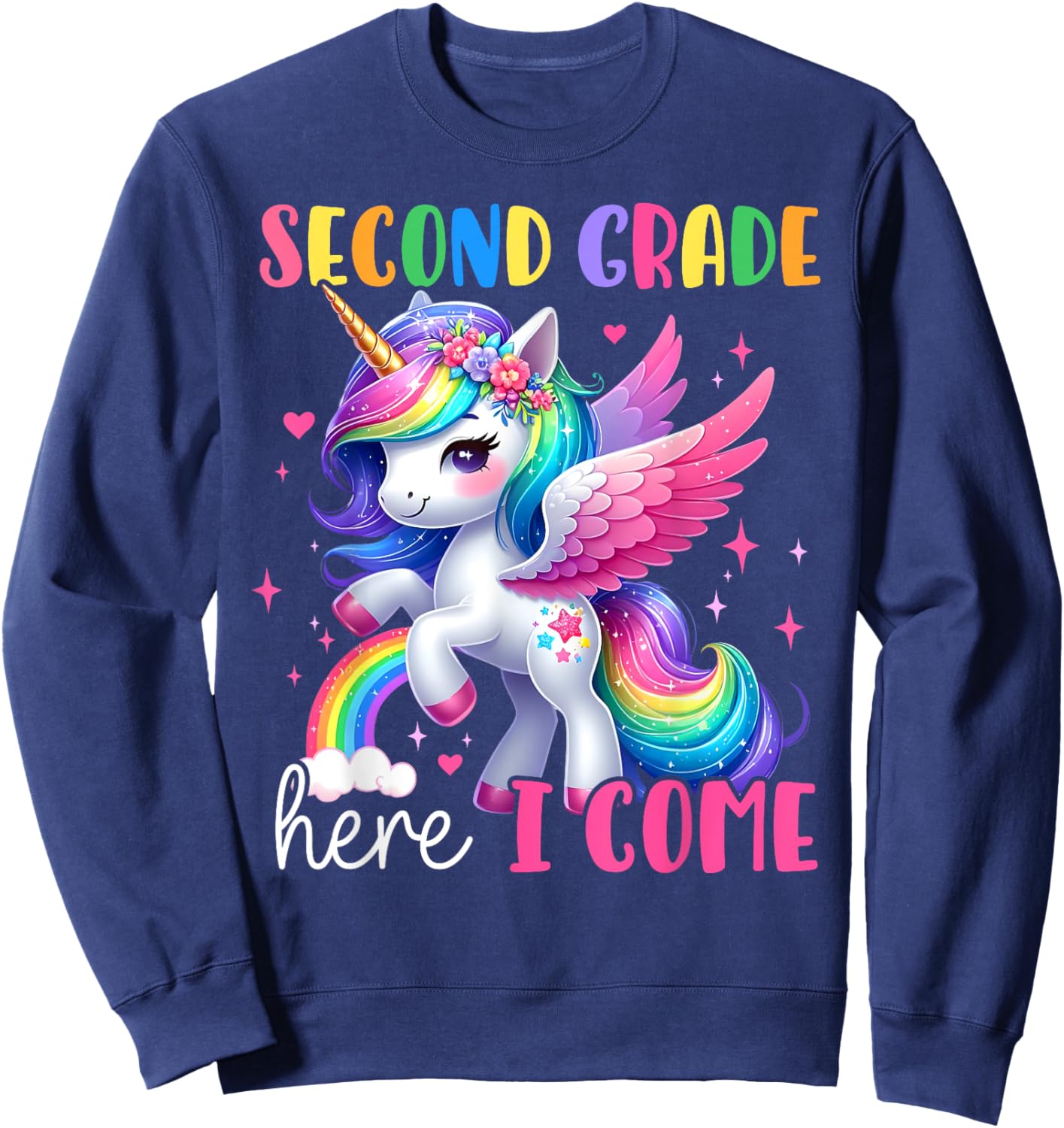 Second Grade Here I Come Unicorn Girls Kids Back To School Sweatshirt - Sweatshirt | Navy