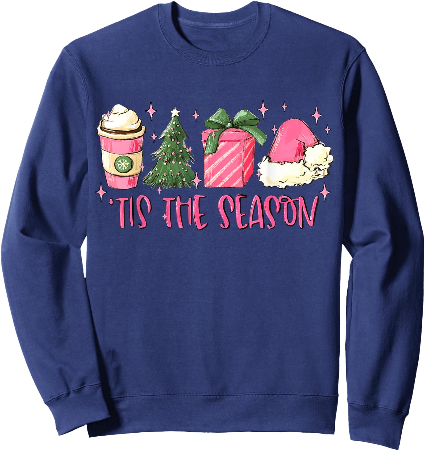 Retro Tis The Season Pink Christmas Coffee Funny Family Xmas Sweatshirt - Sweatshirt | Navy