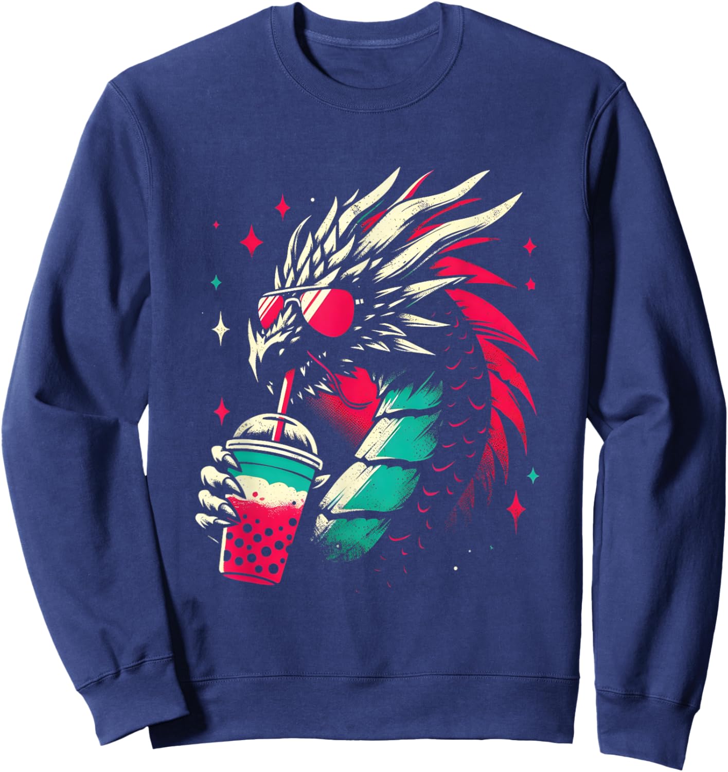 Dragon Drinking Boba Tea - Retro Dragon With Bubble Tea Sweatshirt - Sweatshirt | Navy