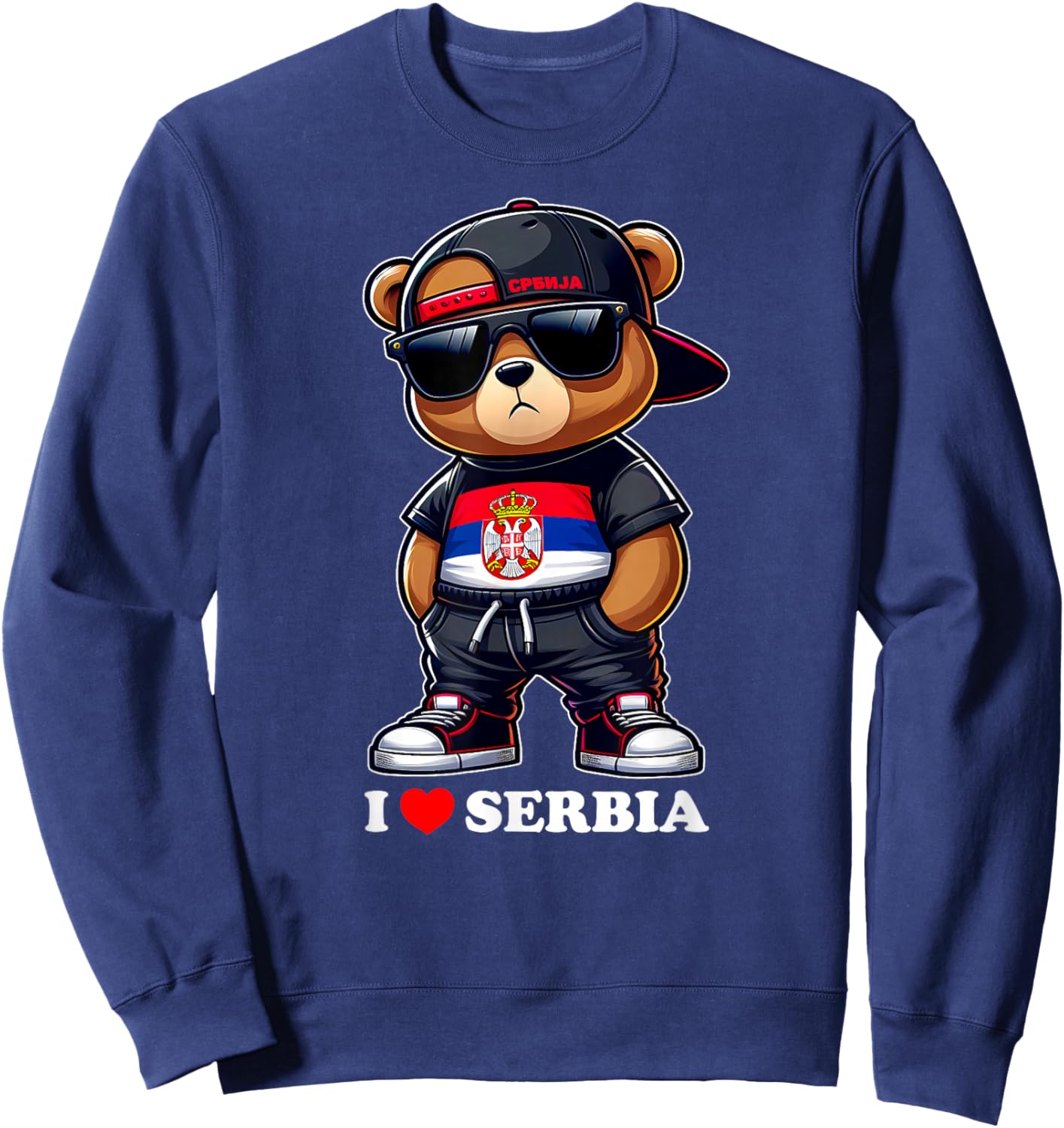 I LOVE SERBIA Flag Serbian Teddy Bear Yugoslavia Gift Srbija Sweatshirt - Sweatshirt | Navy