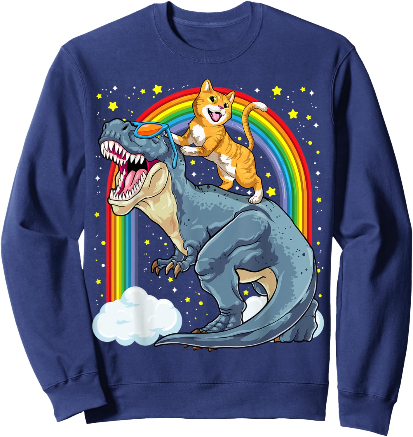 Cat Riding Dinosaur T-Rex Kitten Rainbow Dino Funny Sweatshirt - Sweatshirt | Navy
