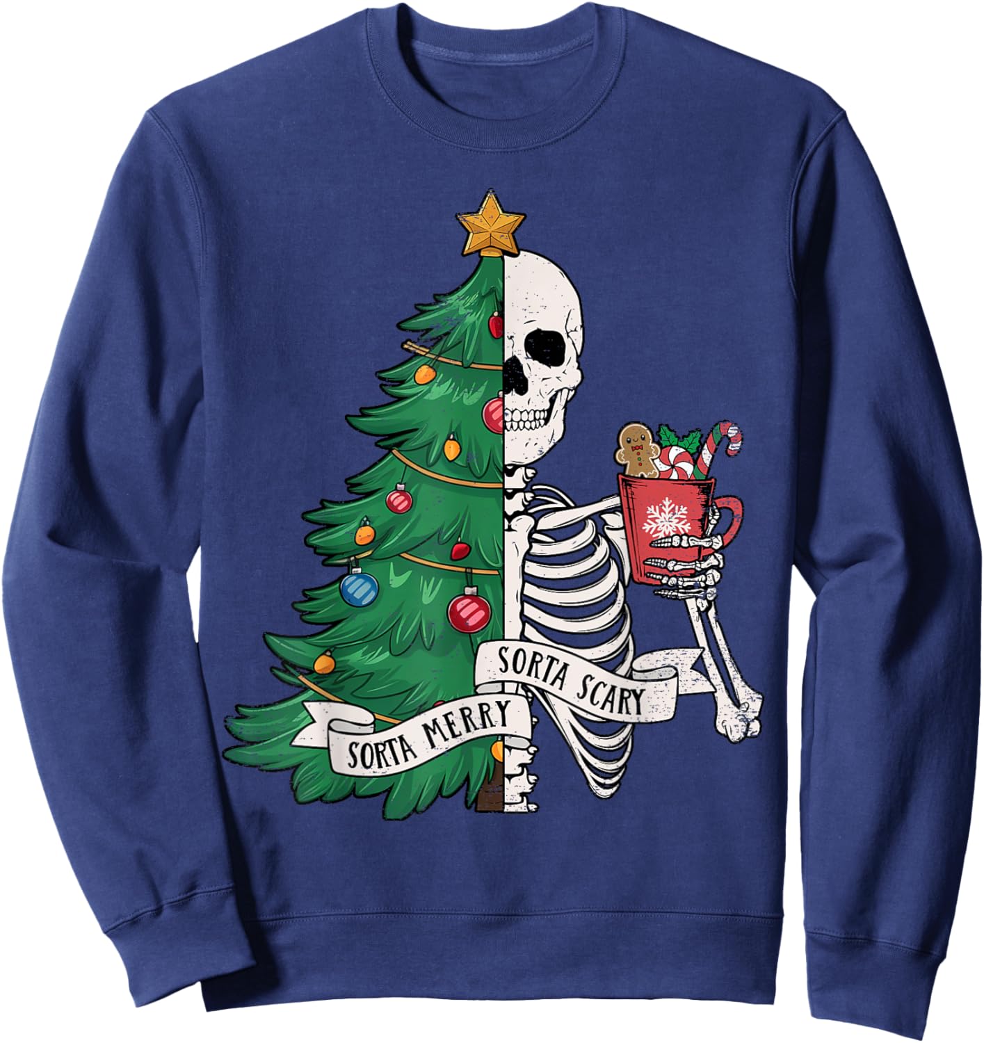 Funny Christmas Sorta Merry Sorta Scary Skeleton Xmas Tree Sweatshirt - Sweatshirt | Navy
