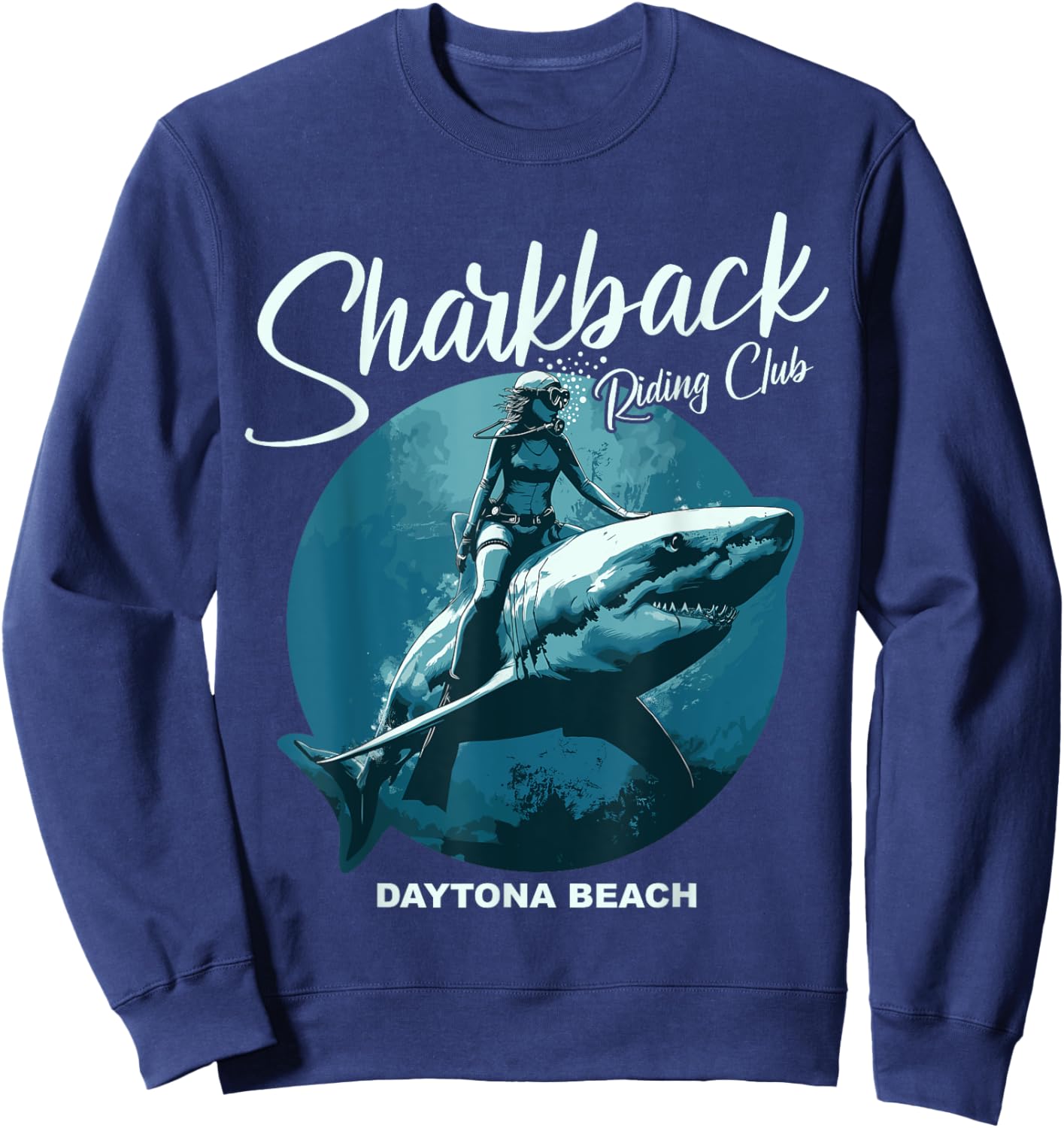 Sharkback Riding Daytona Beach Funny Shark Sweatshirt - Sweatshirt | Navy