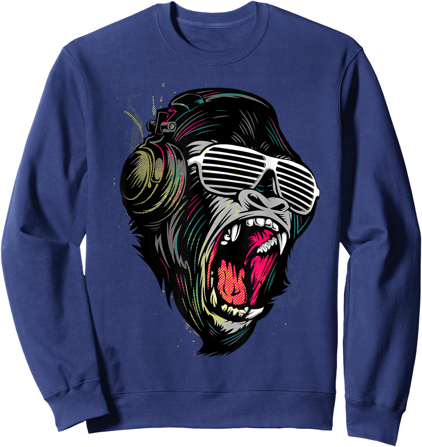 Cool Wild Illustration Monkey Listen To The Music Graphic Sweatshirt - Sweatshirt | Navy