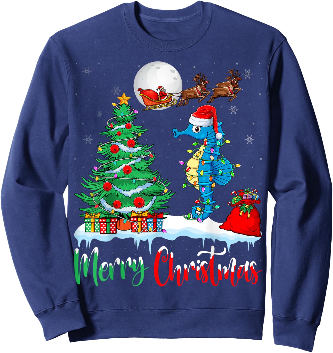 Seahorse Santa Hat Xmas Lights Merry Christmas Seahorse Sweatshirt - Sweatshirt | Navy
