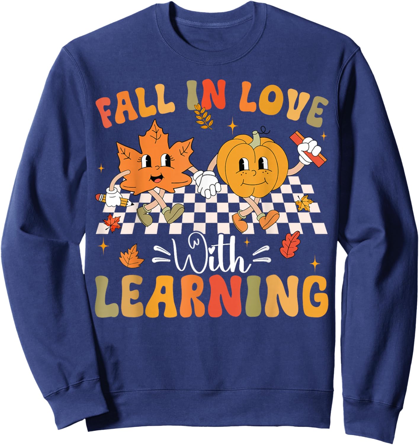 Retro Fall In Love With Learning Autumn Pumpkin Teacher Sweatshirt - Sweatshirt | Navy