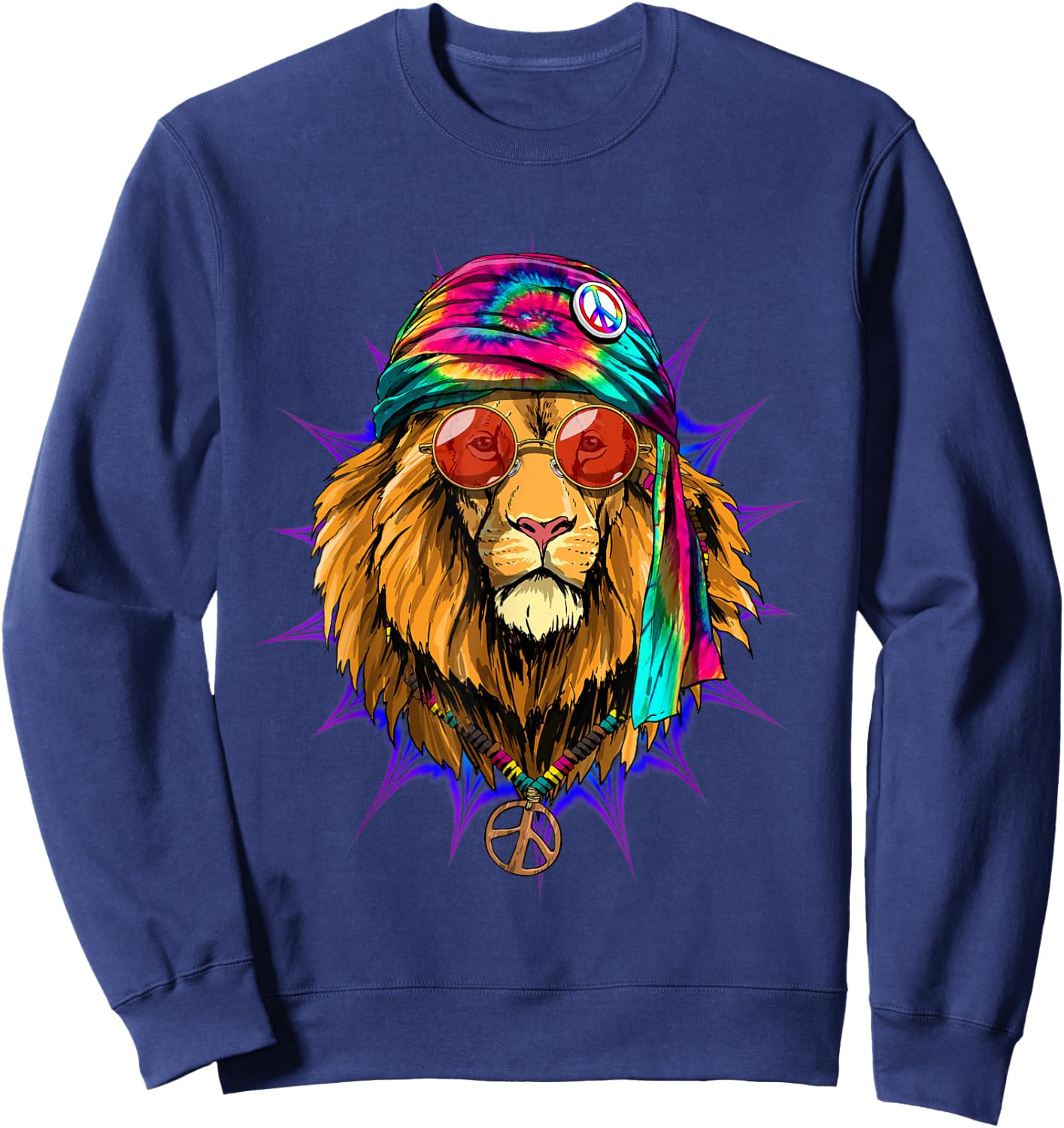 Hippie Lion Tie Dye Peace Sign Psychedelic Animal Lion Lover Sweatshirt - Sweatshirt | Navy