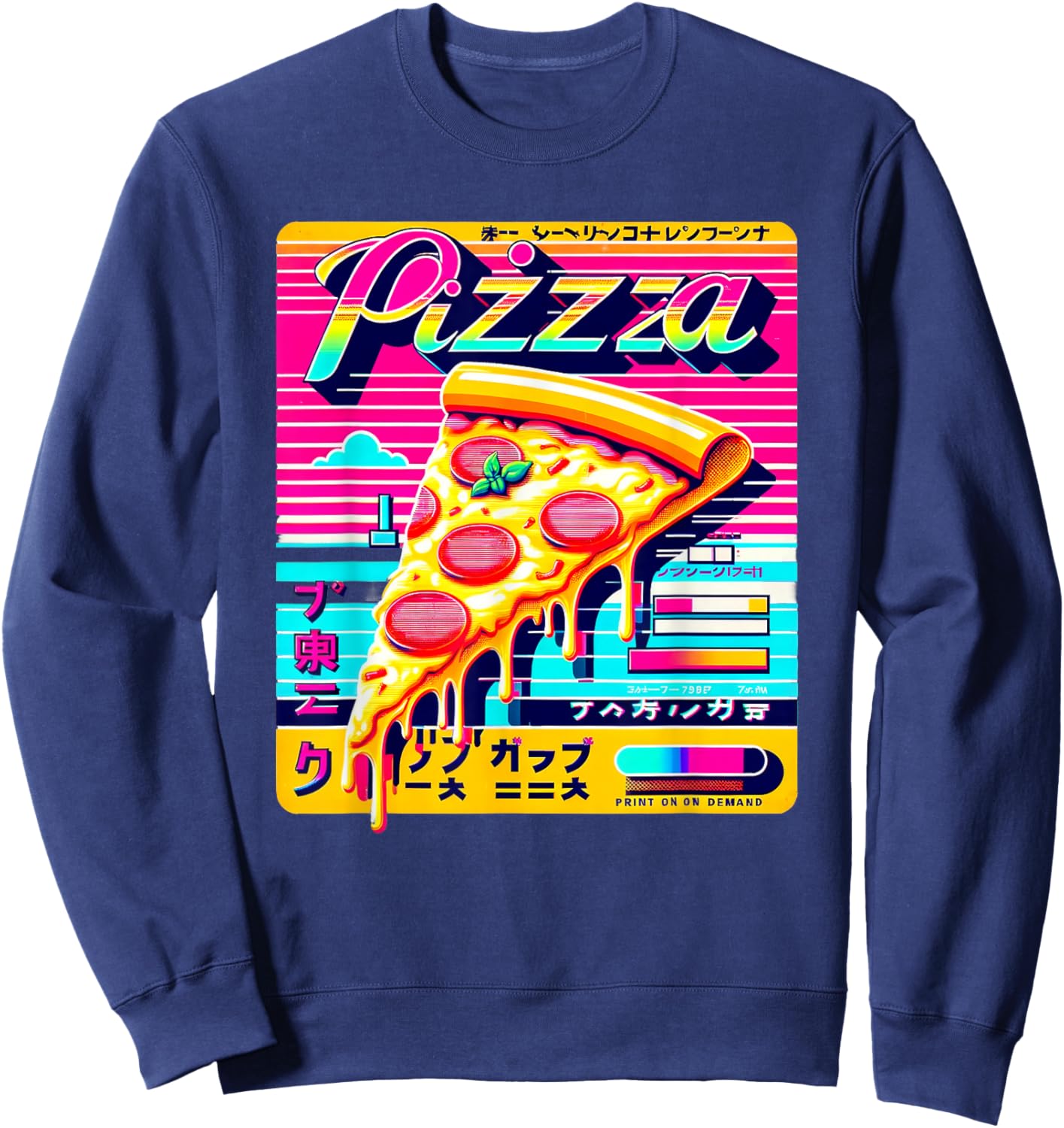 Retro Pizza Vaporwave Japanese Glitch Art Sweatshirt - Sweatshirt | Navy