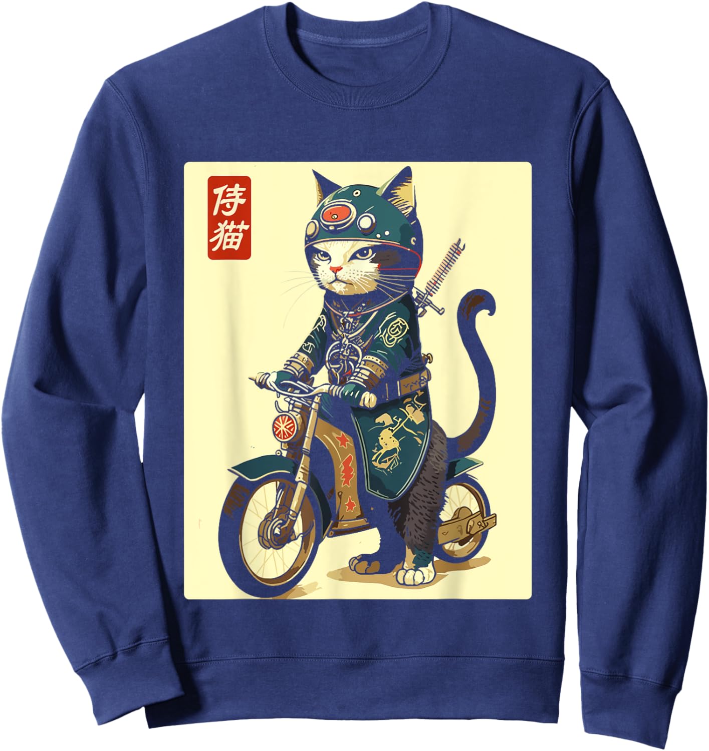 Japanese Samurai Cat on Motorcycle Kawaii Ninja Cat Women Kids Sweatshirt - Sweatshirt | Navy
