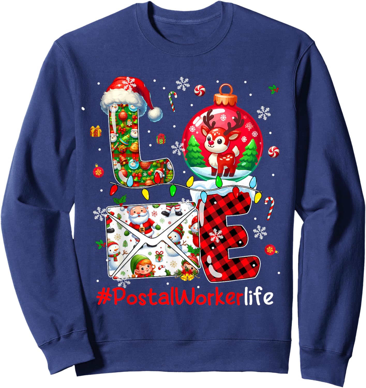 LOVE Postal Worker Christmas Santa Reindeer Matching Team Sweatshirt - Sweatshirt | Navy